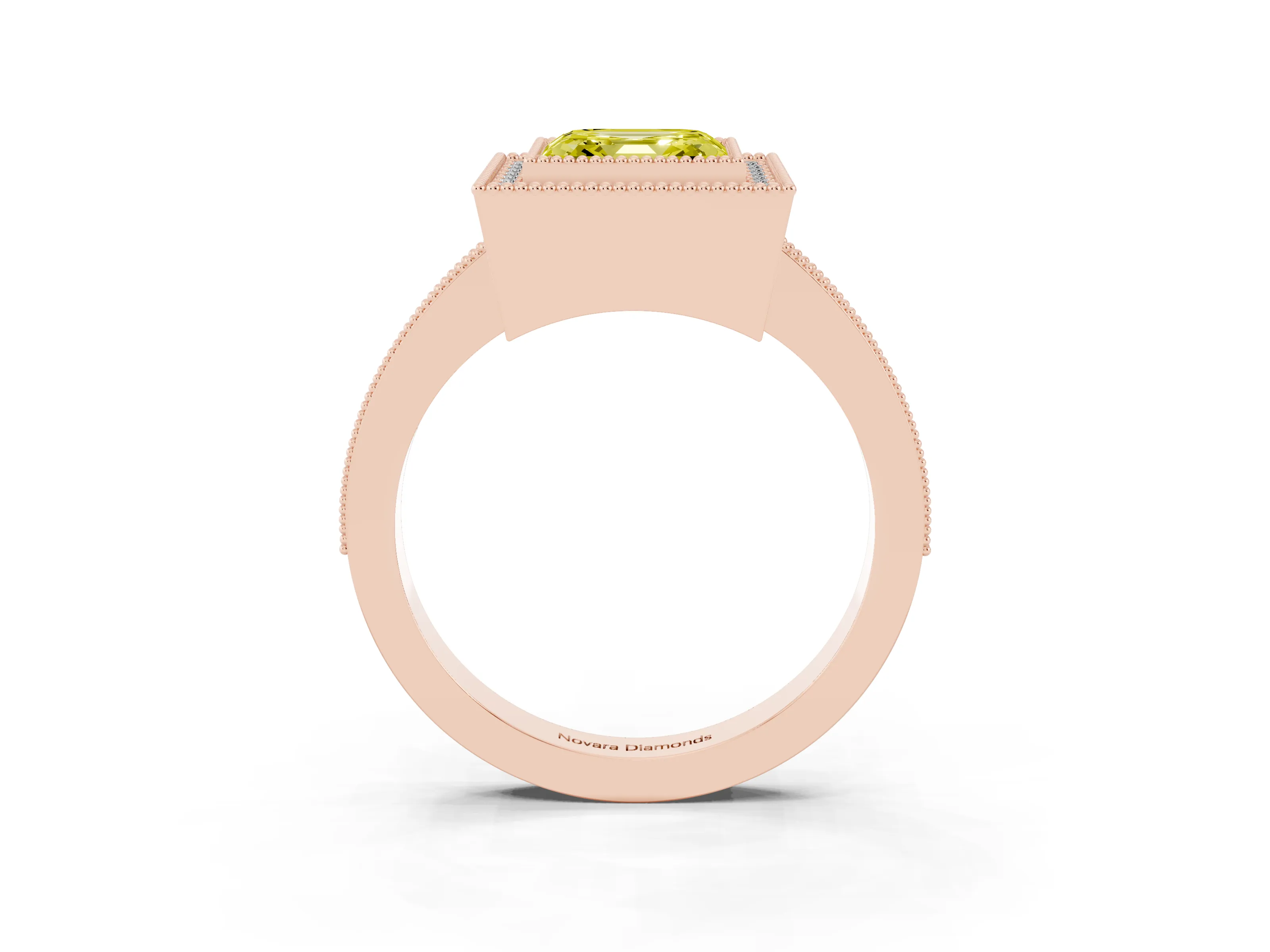 Fancy Yellow Asscher Cut Diamond Halo Engagement Ring Set in Rose gold with Pavé Band and Round Halo Stones