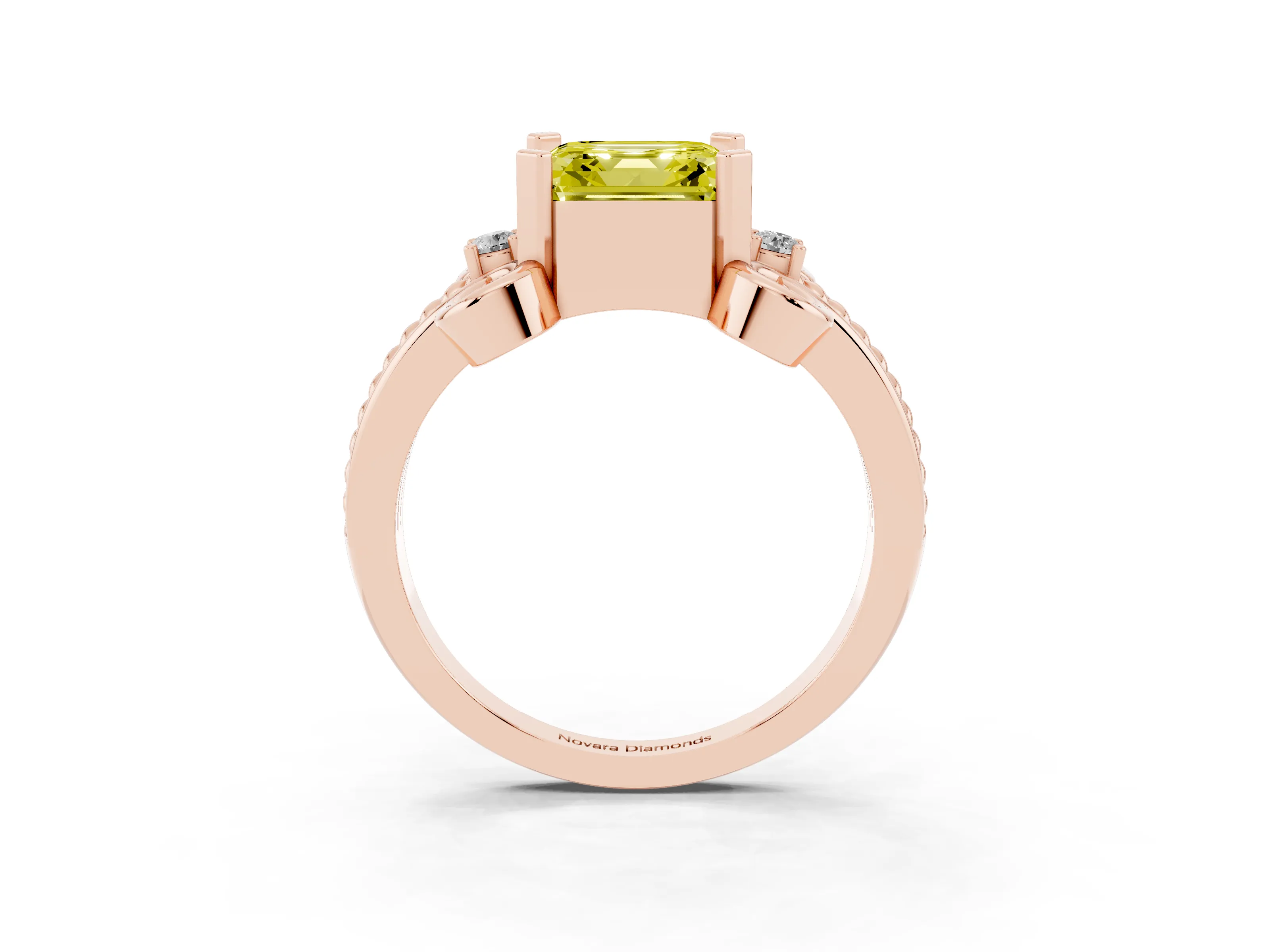 Fancy Yellow Asscher Cut Diamond Twisted Band Solitaire Ring Set in Rose gold with Scroll Prongs