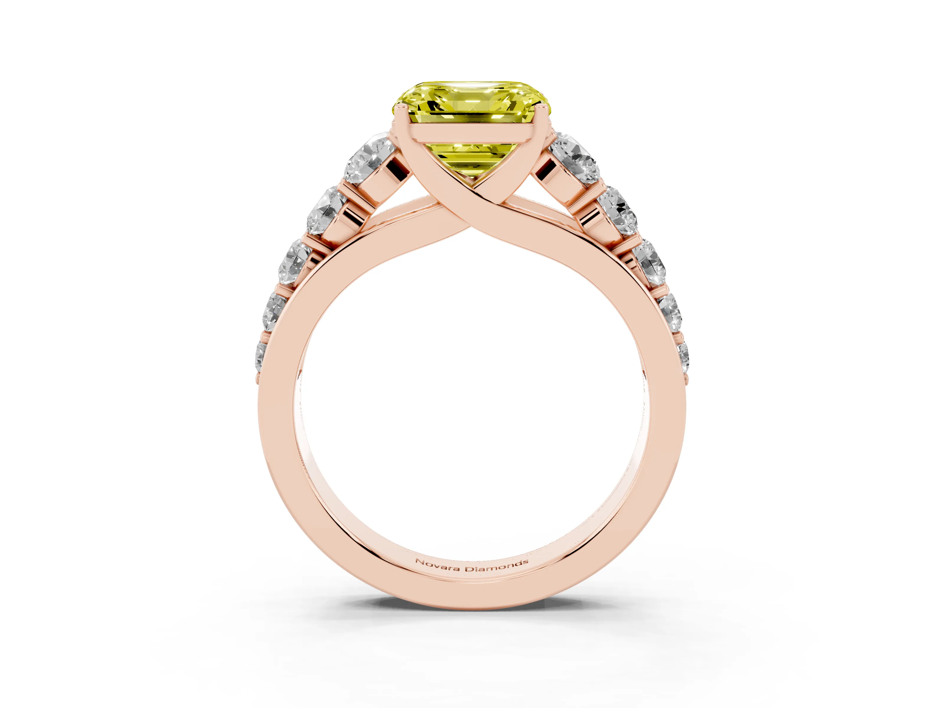 Fancy Yellow Asscher Cut Diamond Solitaire Ring Set in Rose gold with Pavé-Set Band and Prong Setting