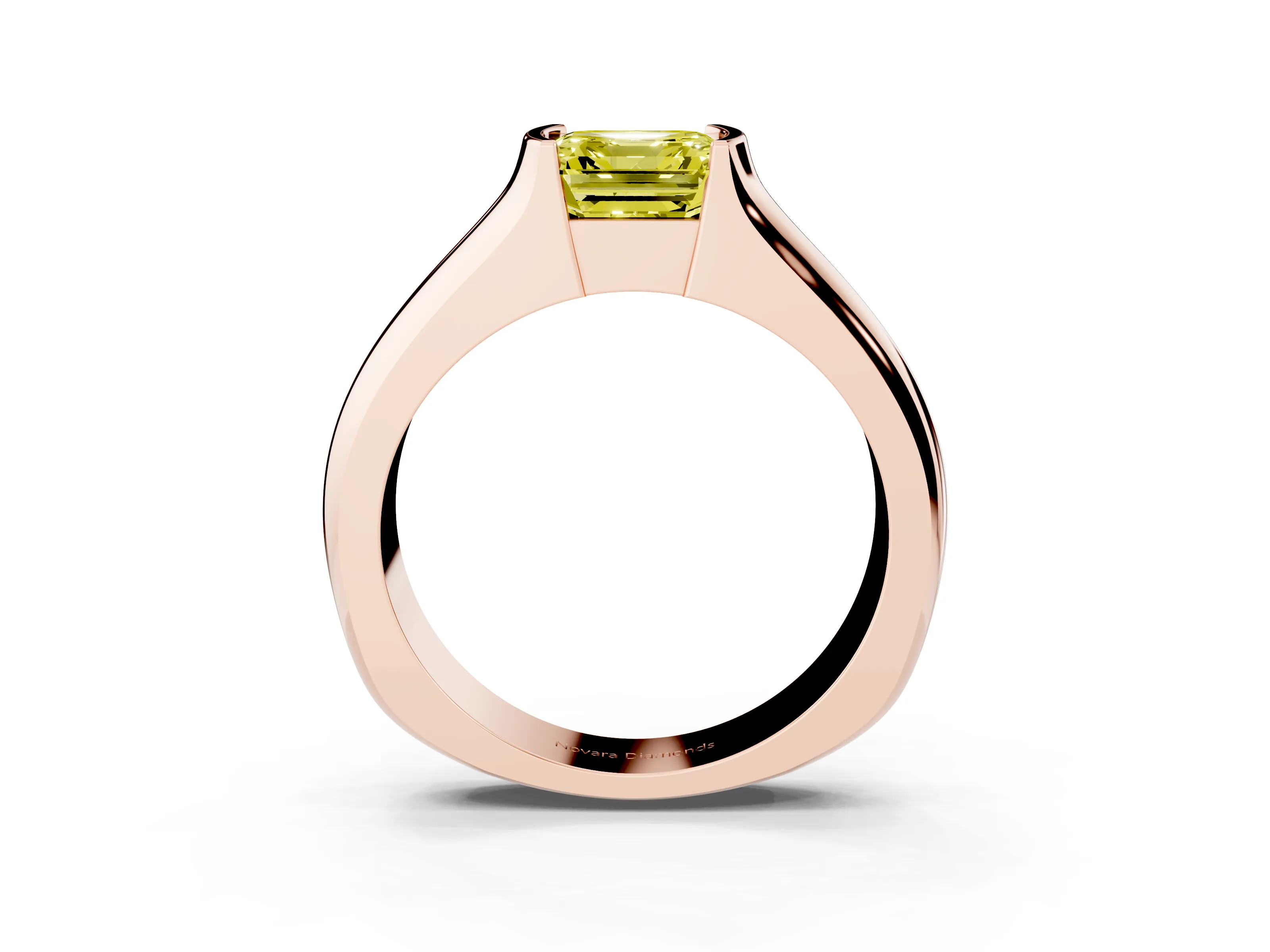 Fancy Yellow Asscher Cut Diamond Bezel Solitaire Ring Set in Rose gold with Wide Band
