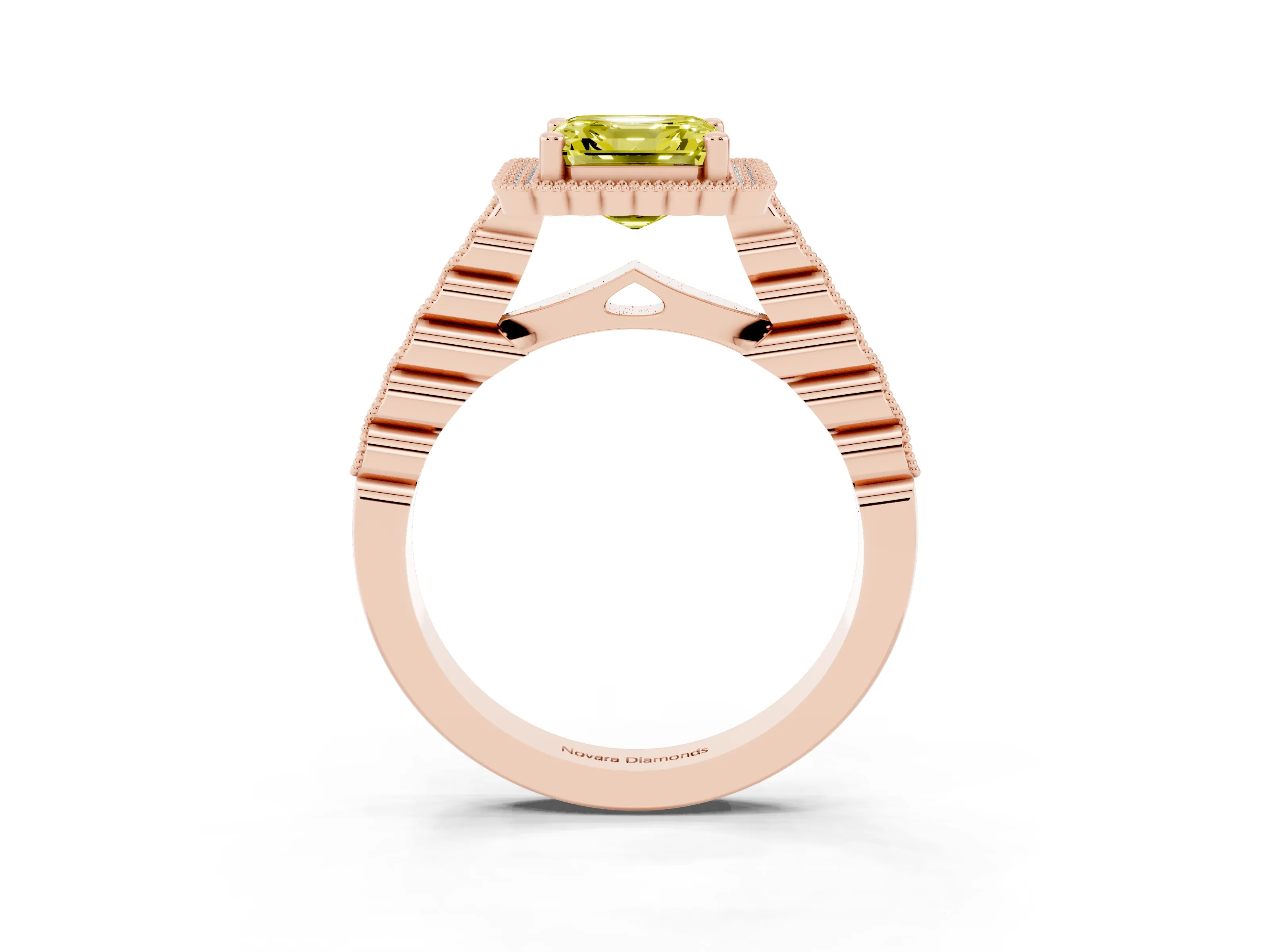 Fancy Yellow Asscher Cut Diamond Halo Ring Set in Rose gold with Pavé Milgrain Band
