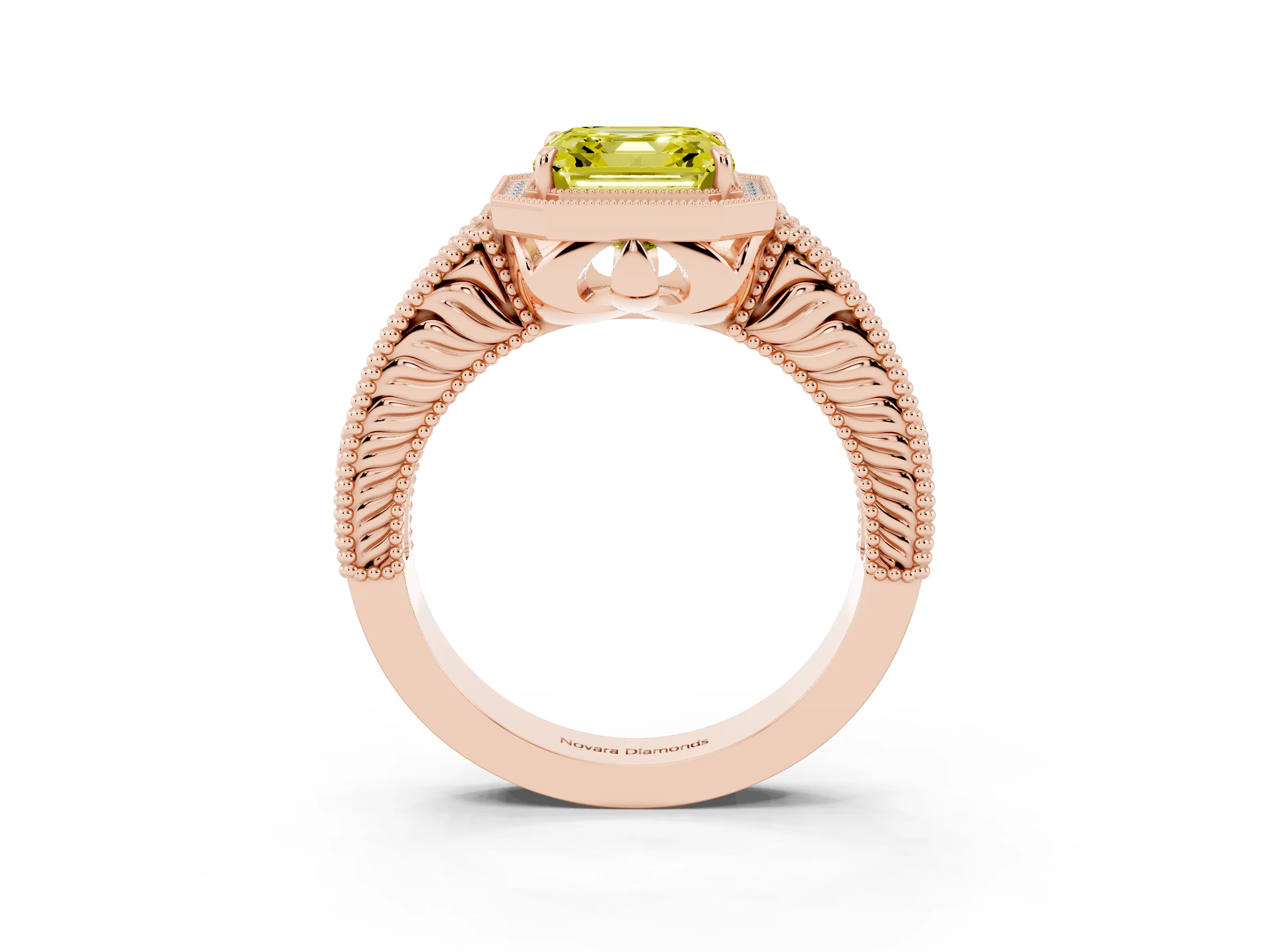 Fancy Yellow Asscher Cut Diamond Halo Ring Set in Rose gold with Round Accent Halo, Pavé Band and Prong Setting