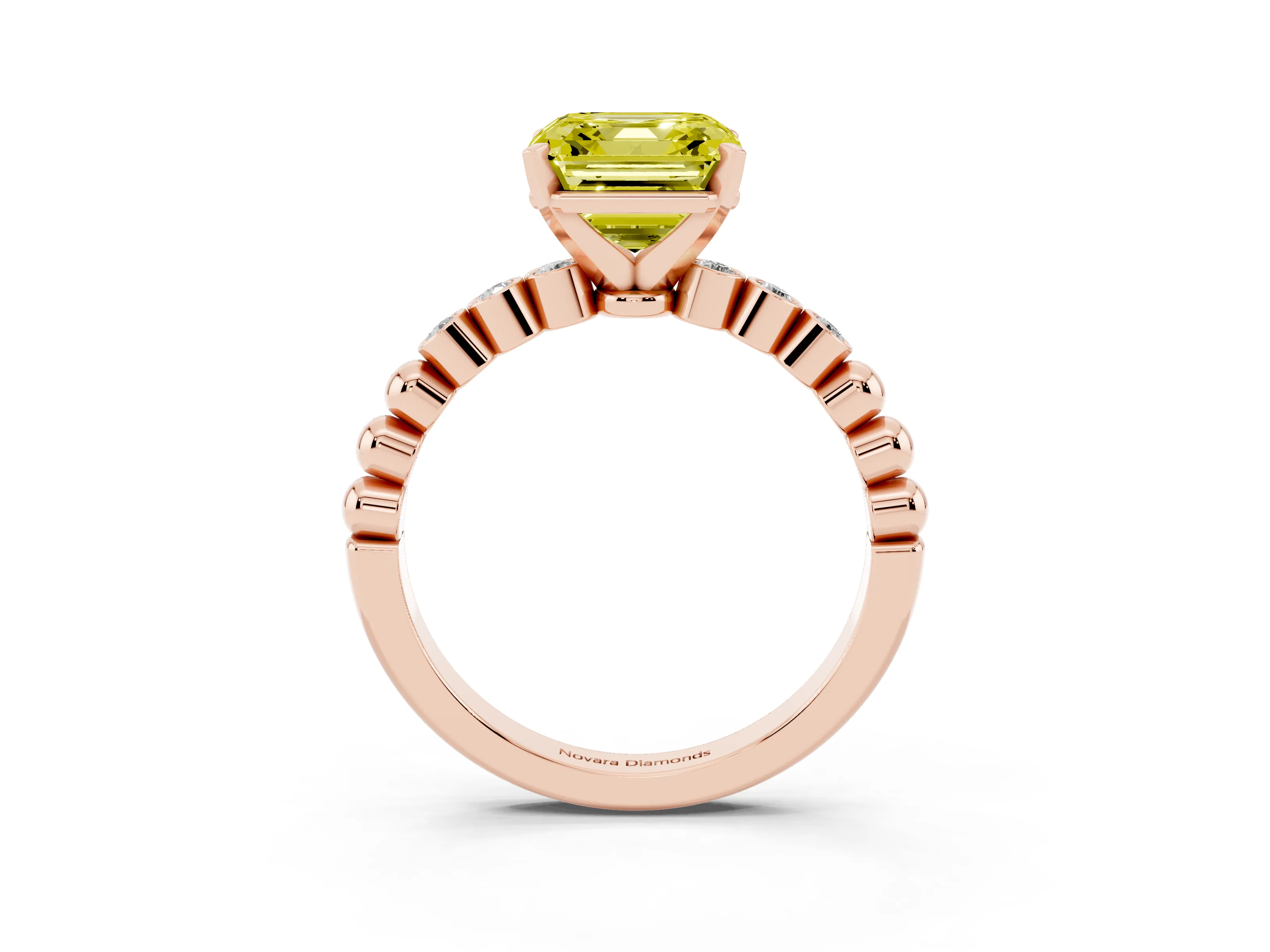 Fancy Yellow Asscher Cut Diamond Solitaire Engagement Ring Set in Rose gold with Bezel Accents on Beaded Band