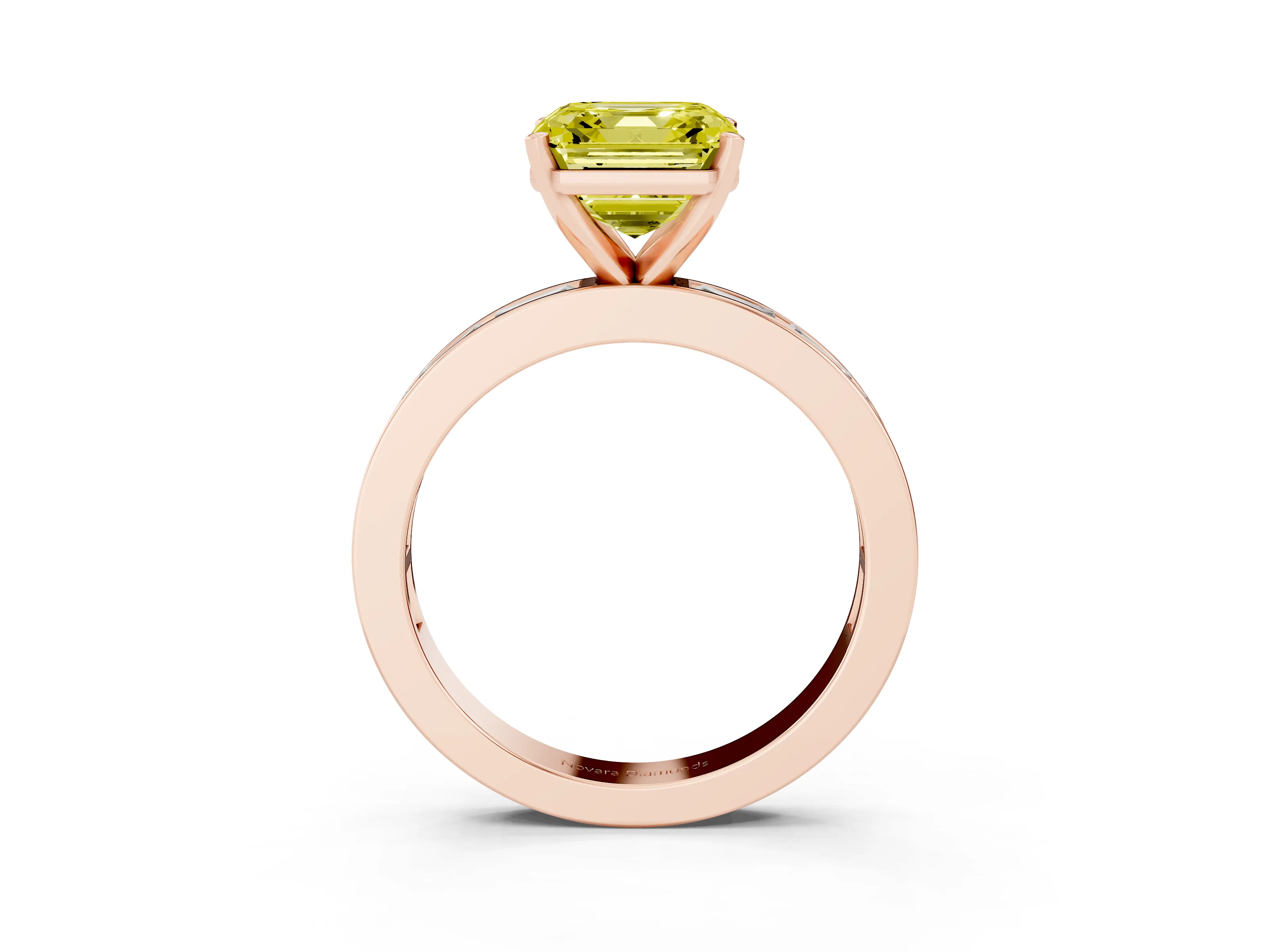 Fancy Yellow Asscher Cut Diamond Solitaire Ring Set in Rose gold with Channel-Set Baguette Band and Prong Setting