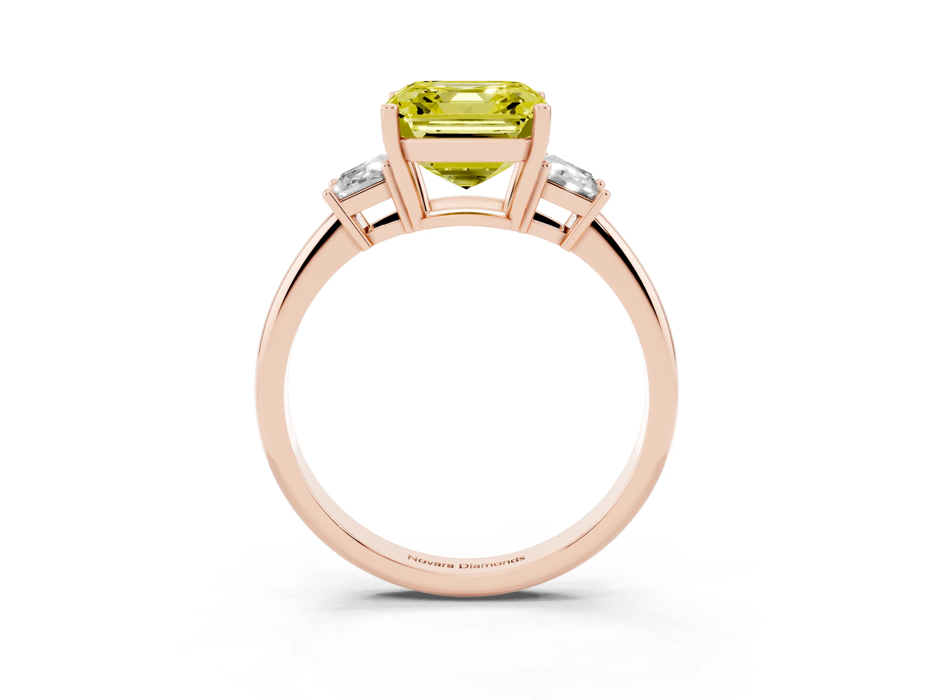 Fancy Yellow Asscher Cut Diamond Three-Stone Ring Set in Rose gold with Trapezoid Side Stones and Prong Setting