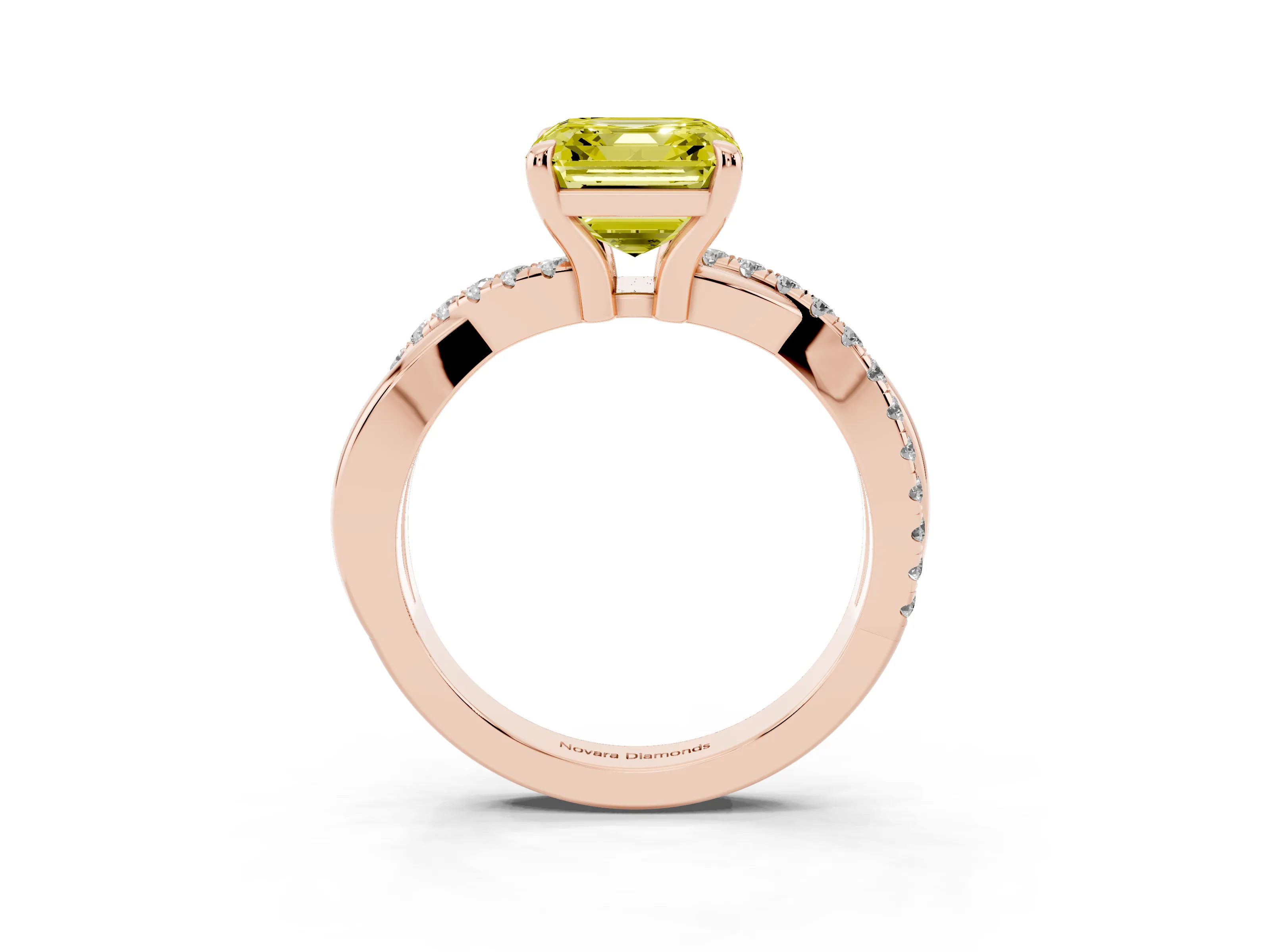 Fancy Yellow Asscher Cut Diamond Twist Band Pavé Solitaire Ring Set in Rose gold with Prong Setting