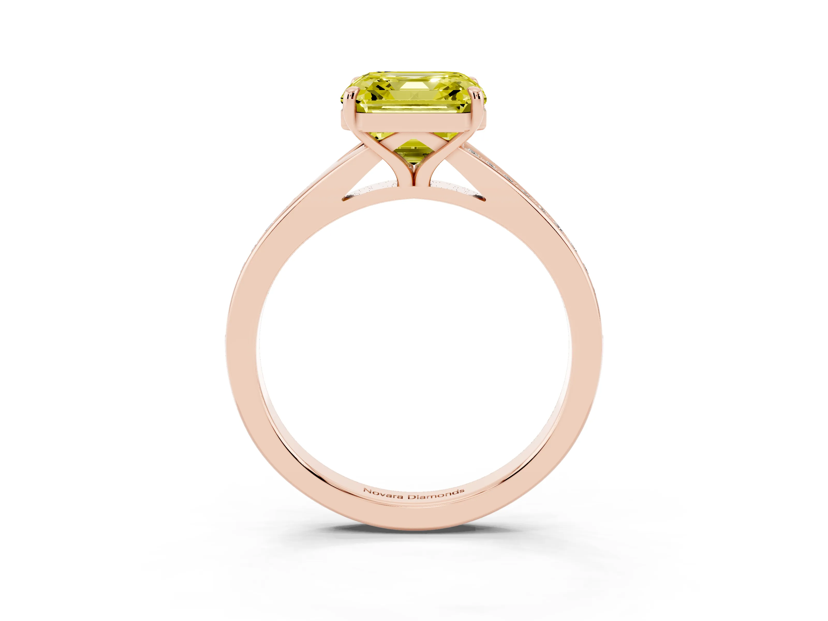 Fancy Yellow Asscher Cut Diamond Solitaire Ring Set in Rose gold with Pavé Accent Band and Classic Prong Setting