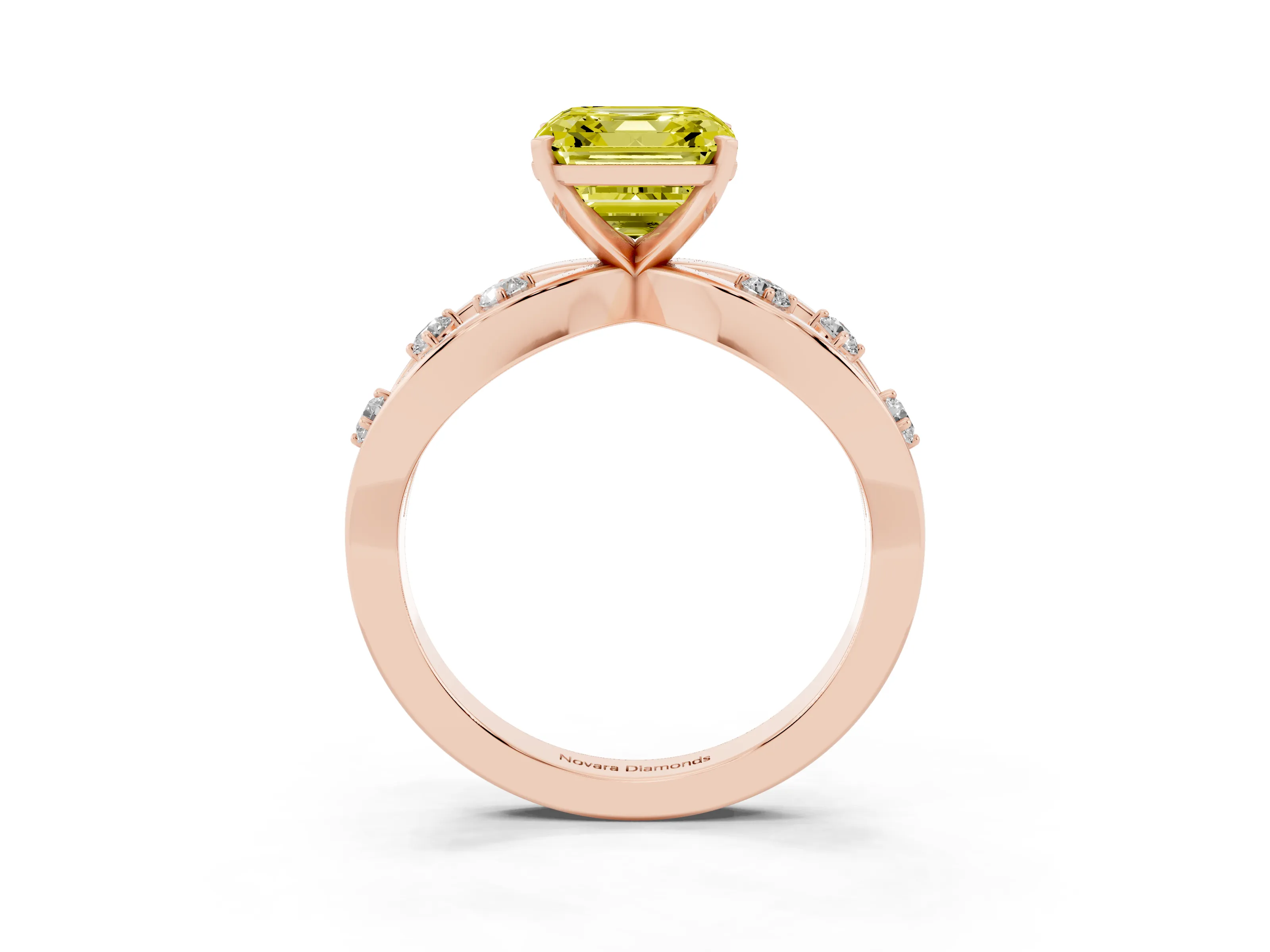 Fancy Yellow Asscher Cut Diamond Solitaire Ring Set in Rose gold with Side Stones on Criss-Cross Band and Prong Setting