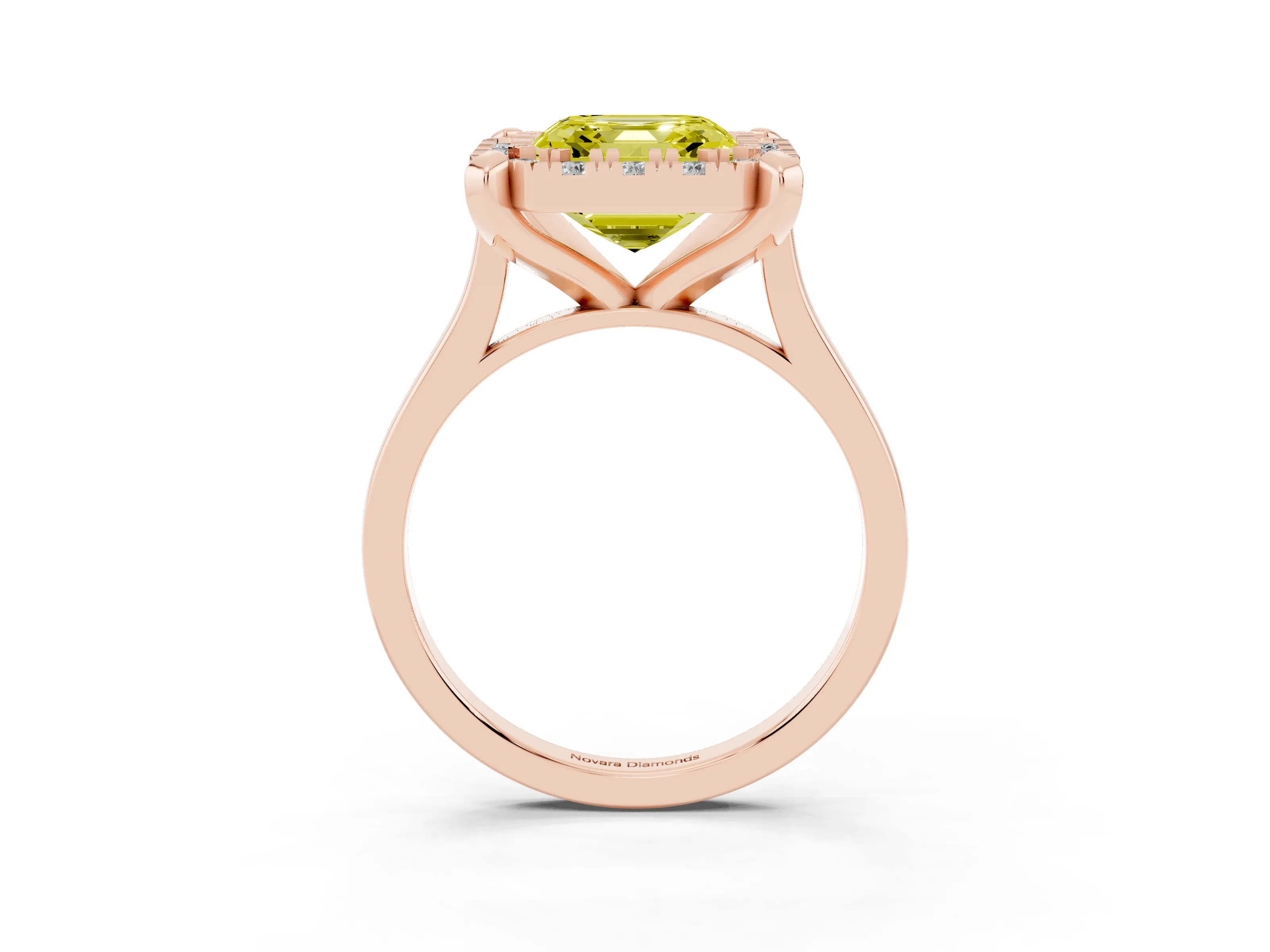 Fancy Yellow Asscher Cut Diamond Cluster Halo Solitaire Ring Set in Rose gold with Prong Setting
