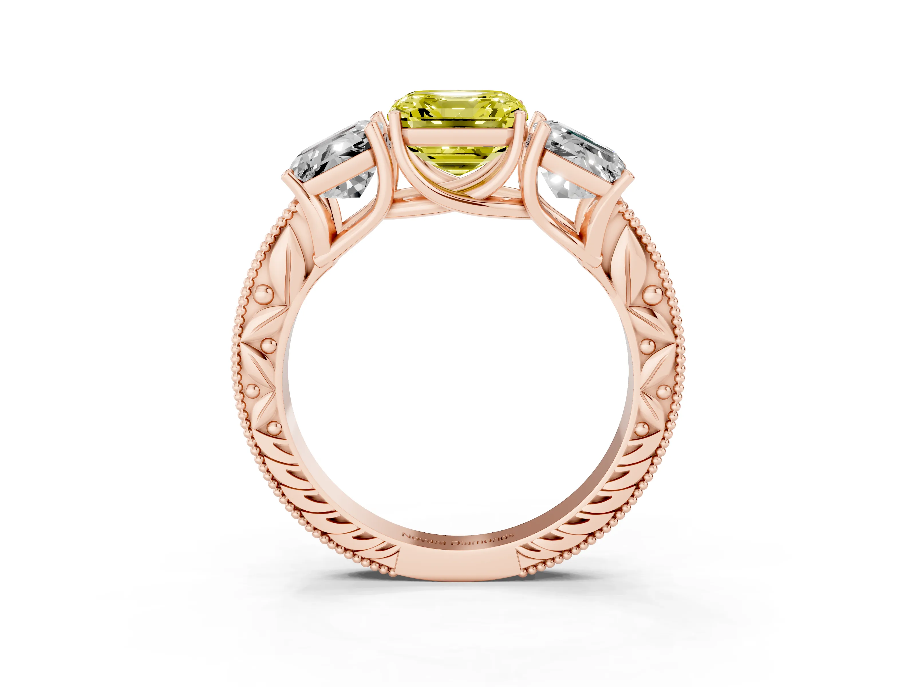 Fancy Yellow Asscher Cut Diamond Three-Stone Engagement Ring Set in Rose gold with Milgrain Pavé Band