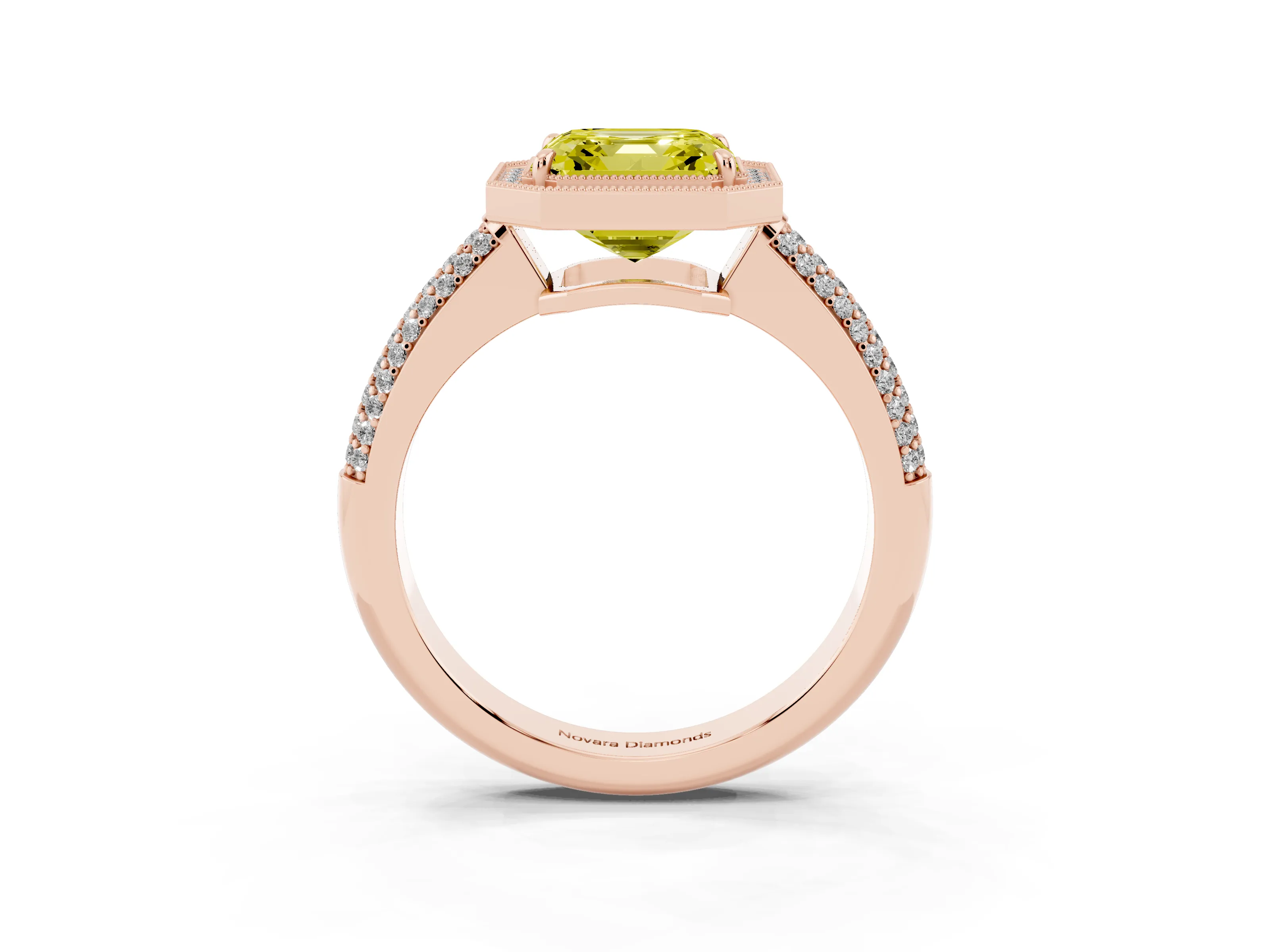 Fancy Yellow Asscher Cut Diamond Halo Pavé Band Set in Rose gold with Prong Setting