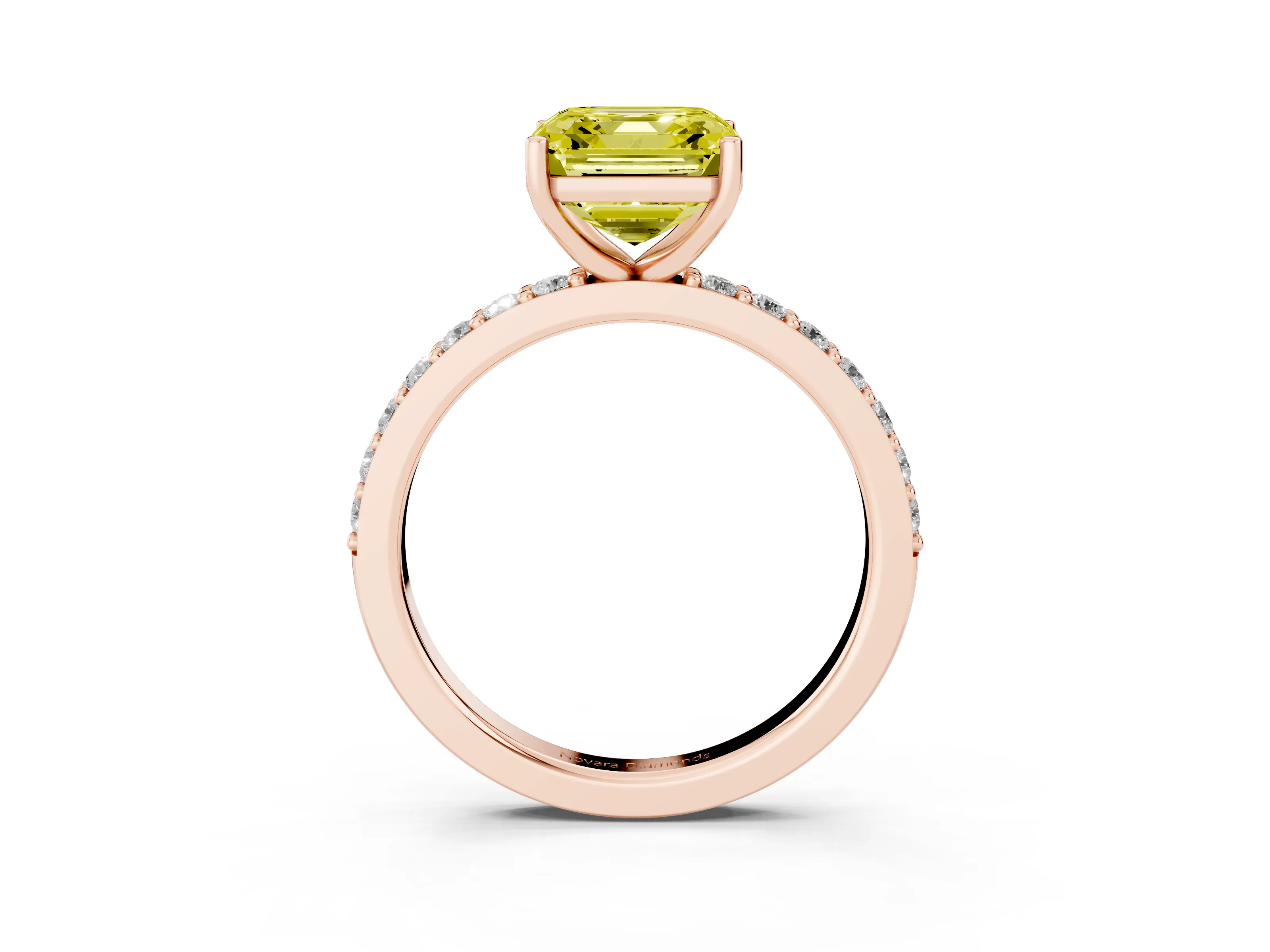 Fancy Yellow Asscher Cut Diamond Solitaire Set in Rose gold with Round Pavé Band and Prong Setting