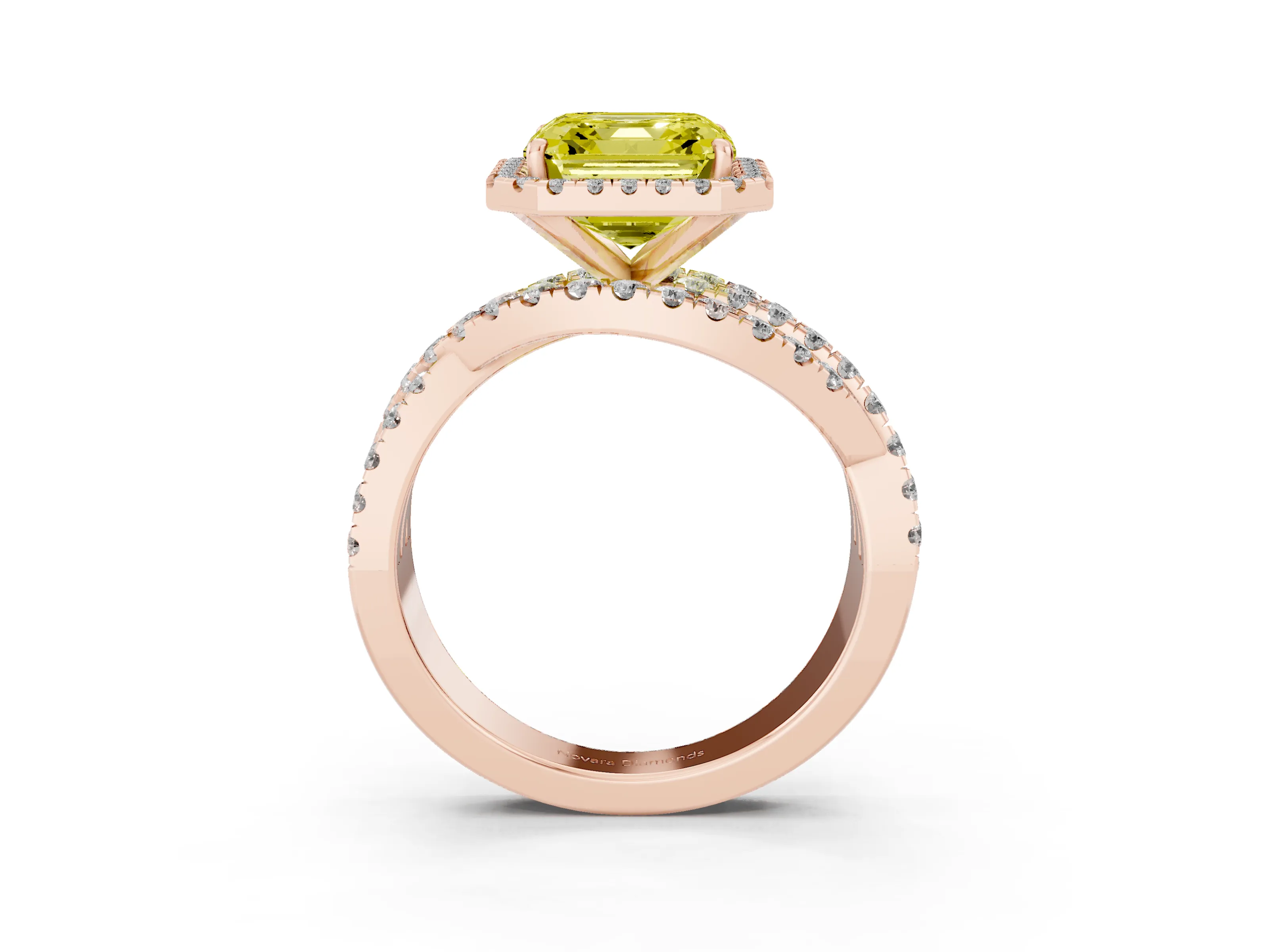 Fancy Yellow Asscher Cut Diamond Halo Ring Set in Rose gold with Round Crossover Split Shank and Prong Setting