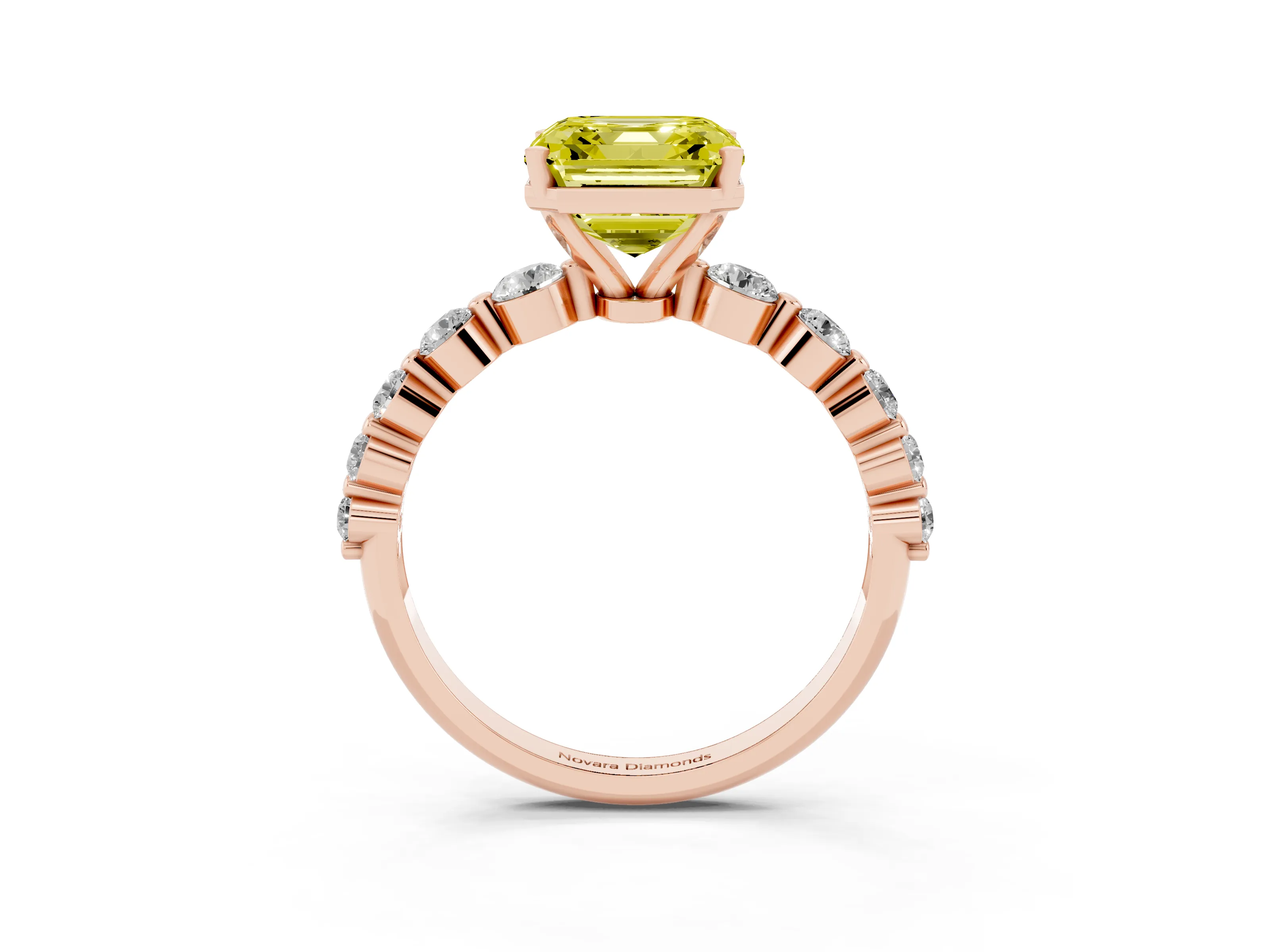 Fancy Yellow Asscher Cut Diamond Solitaire Ring Set in Rose gold with Pavé Band and Prong Setting