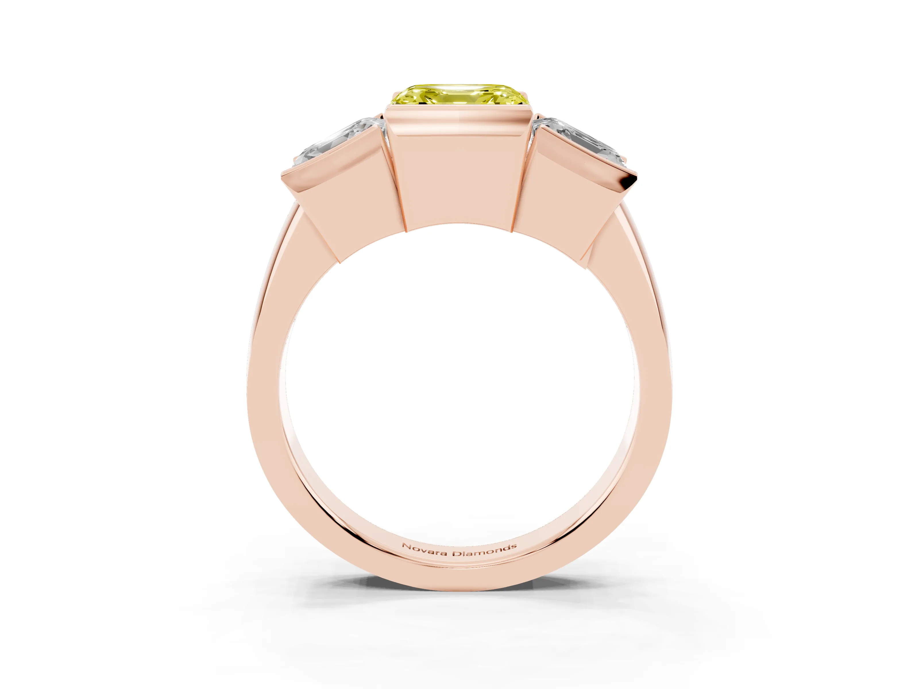Fancy Yellow Asscher Cut Diamond Three-Stone Channel Set Ring Set in Rose gold with Smooth Polished Band
