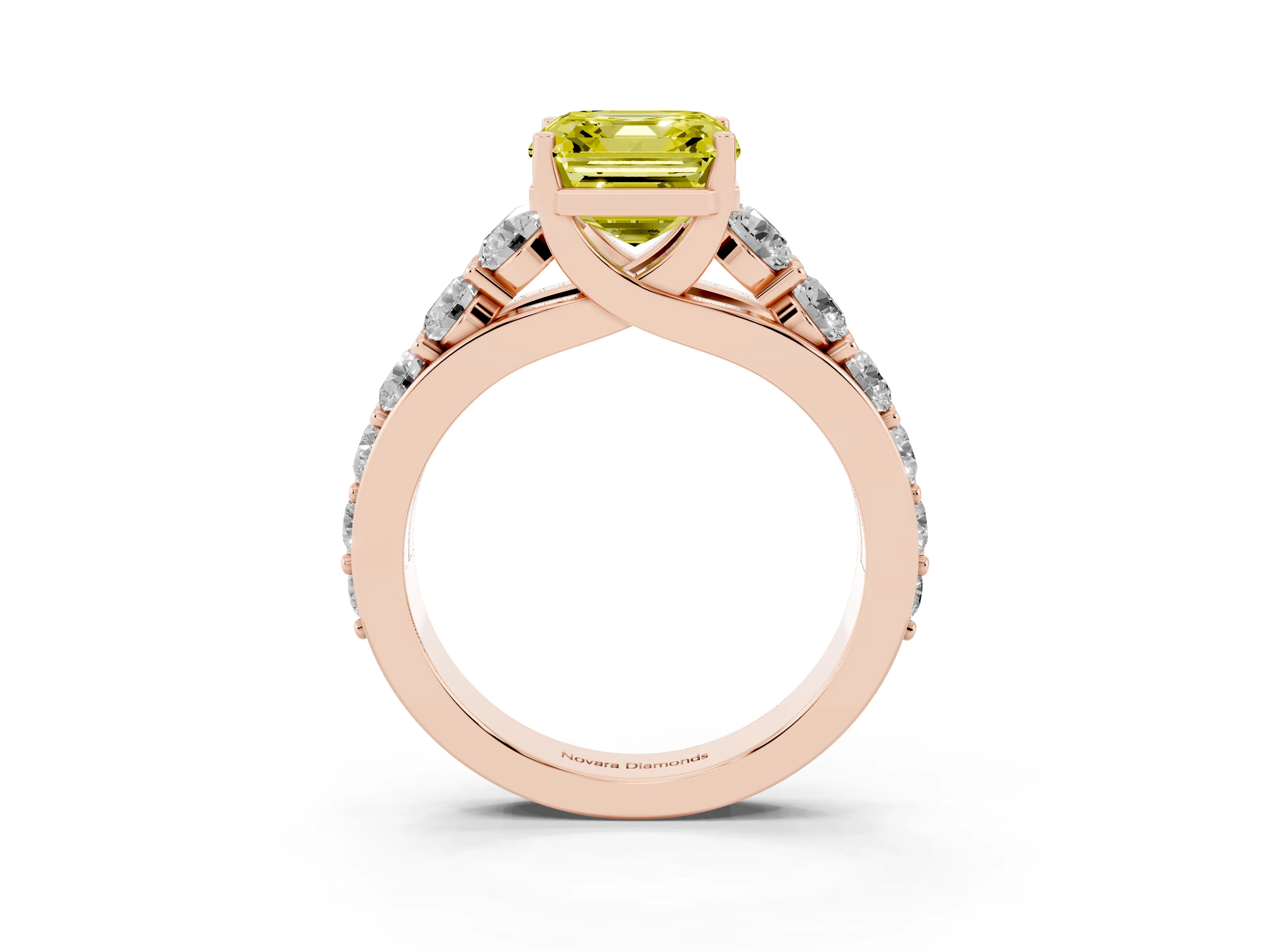 Fancy Yellow Asscher Cut Diamond Pavé Engagement Ring Set in Rose gold with Prong Setting