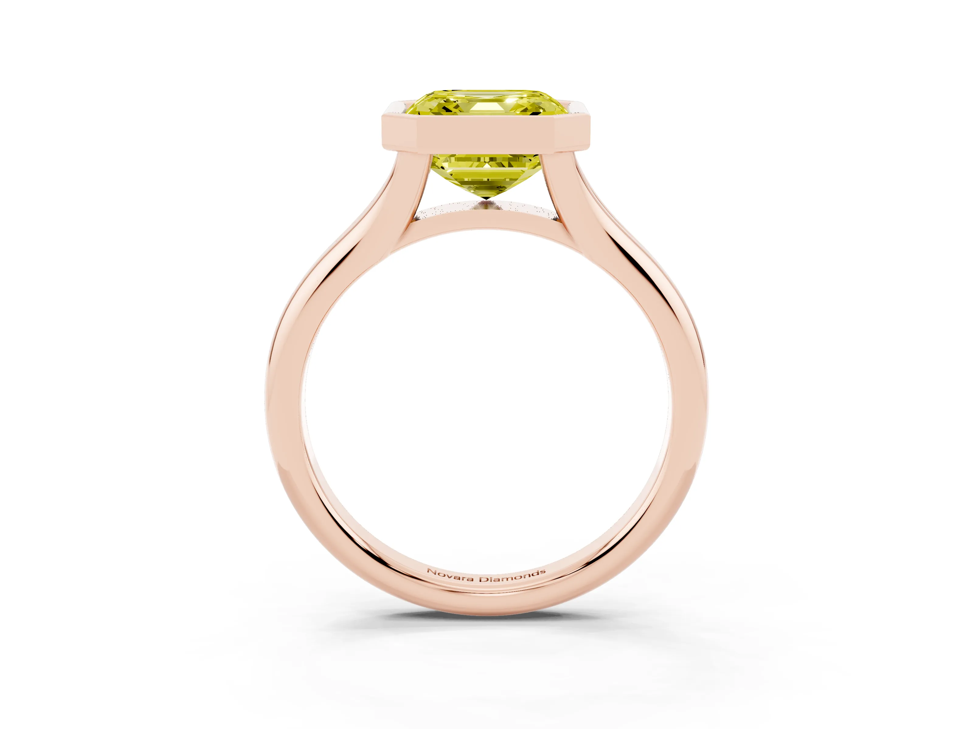 Fancy Yellow Bezel Set Asscher Cut Diamond Solitaire Ring Set in Rose gold with Smooth Band