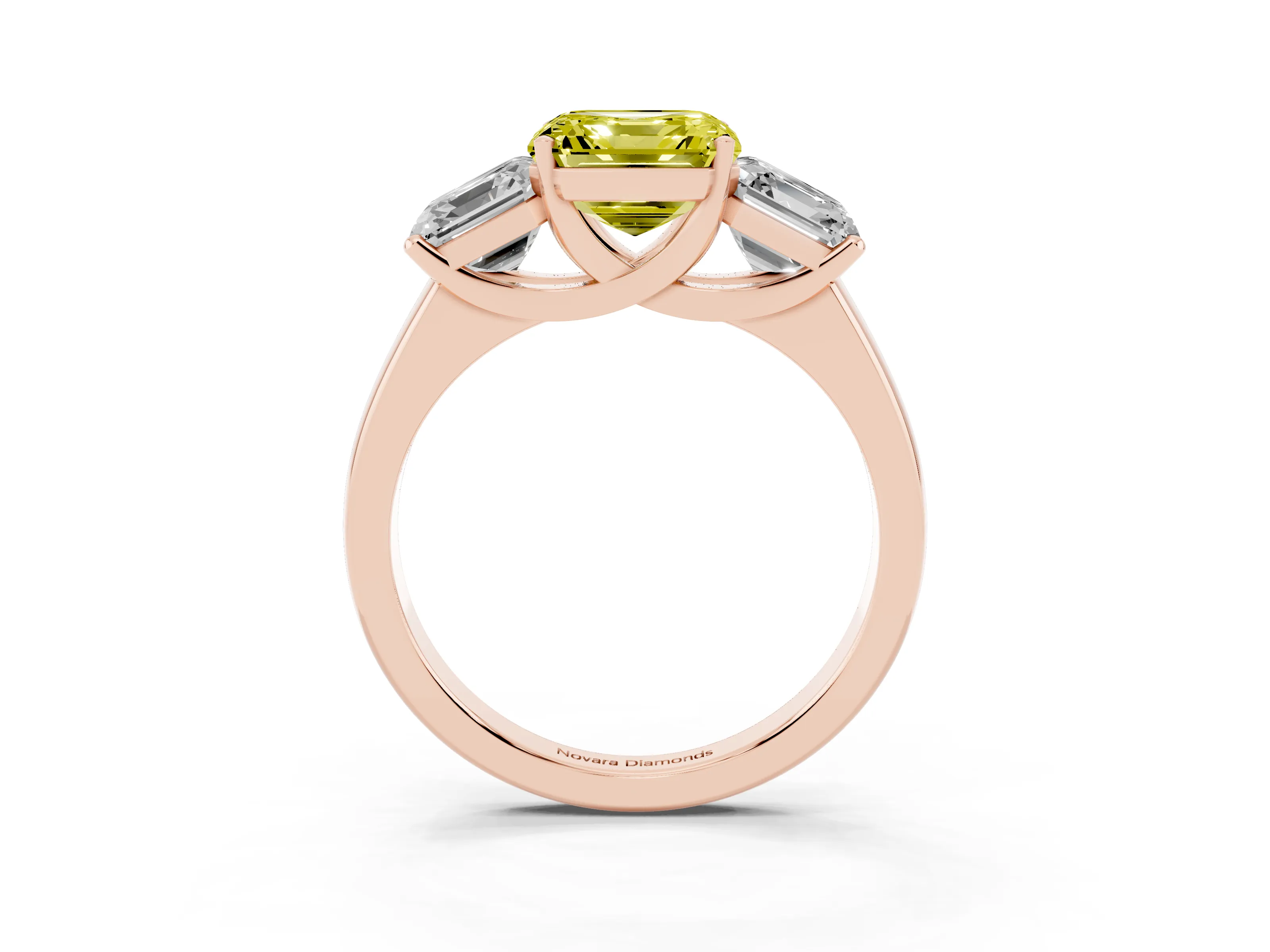 Fancy Yellow Asscher Cut Diamond Three-Stone Ring Set in Rose gold with Classic Prong Setting and Plain Band