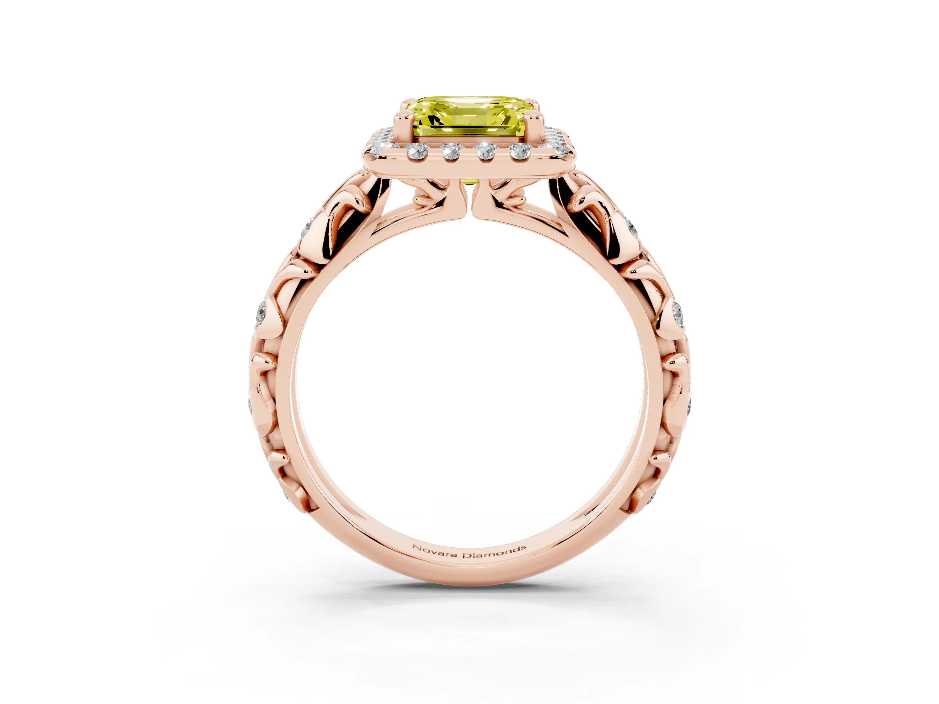 Fancy Yellow Asscher Cut Diamond Halo Ring Set in Rose gold with Filigree Leaf Band and Prong Setting