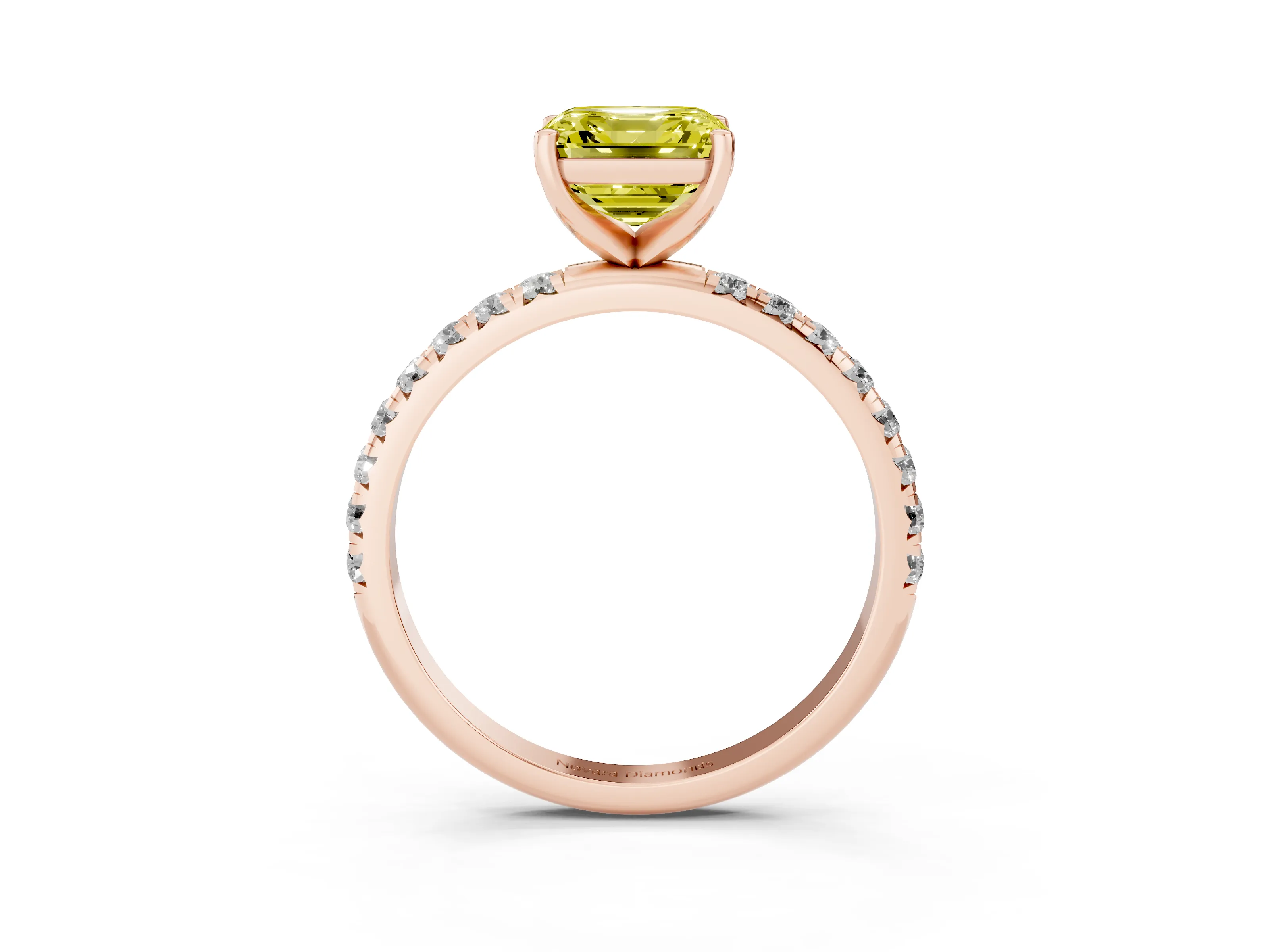 Fancy Yellow Asscher Cut Diamond Solitaire Ring Set in Rose gold with Micro Pavé Band and Prong Setting