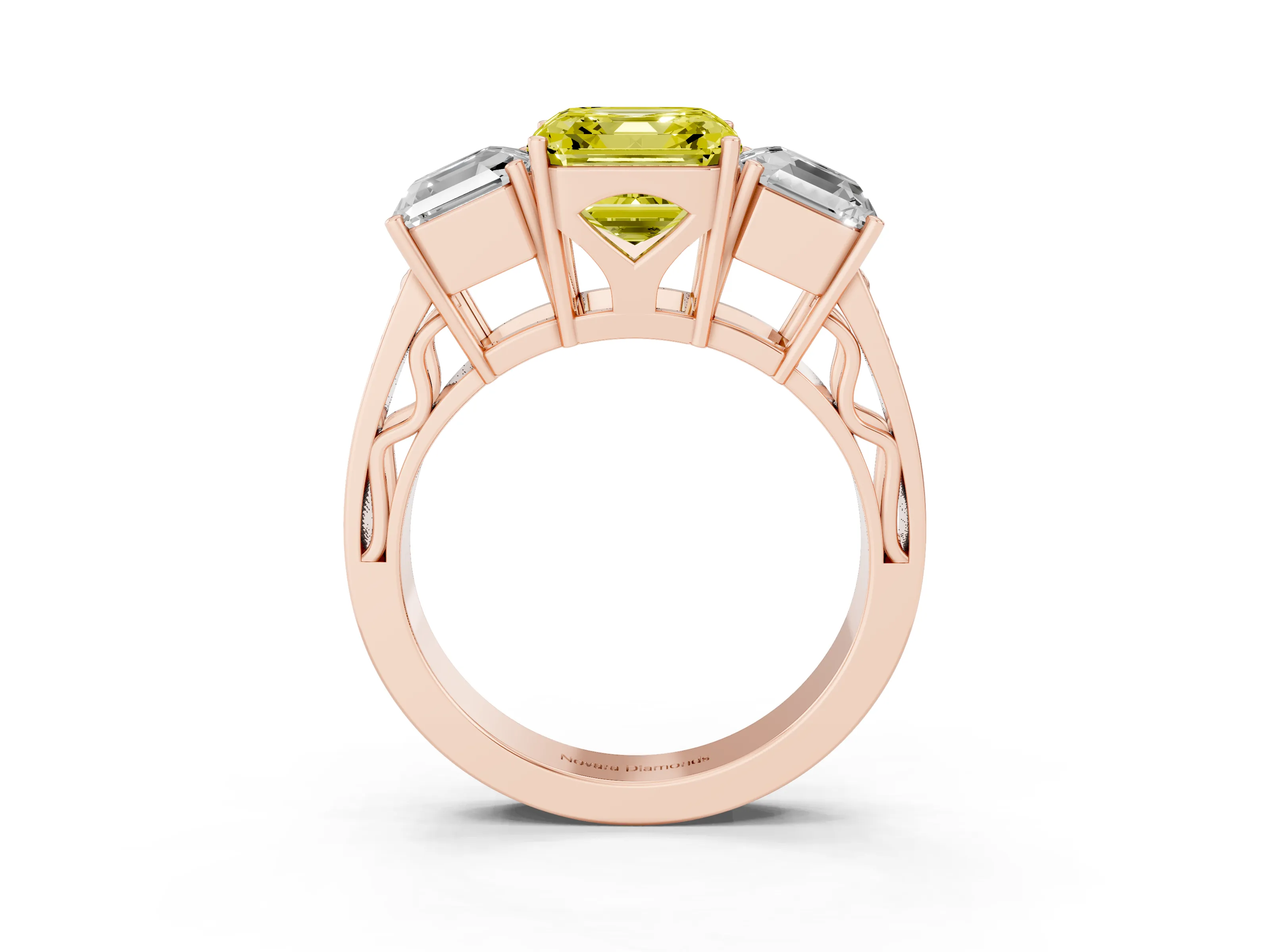 Fancy Yellow Asscher Cut Diamond Three-Stone Ring Set in Rose gold with Textured Band