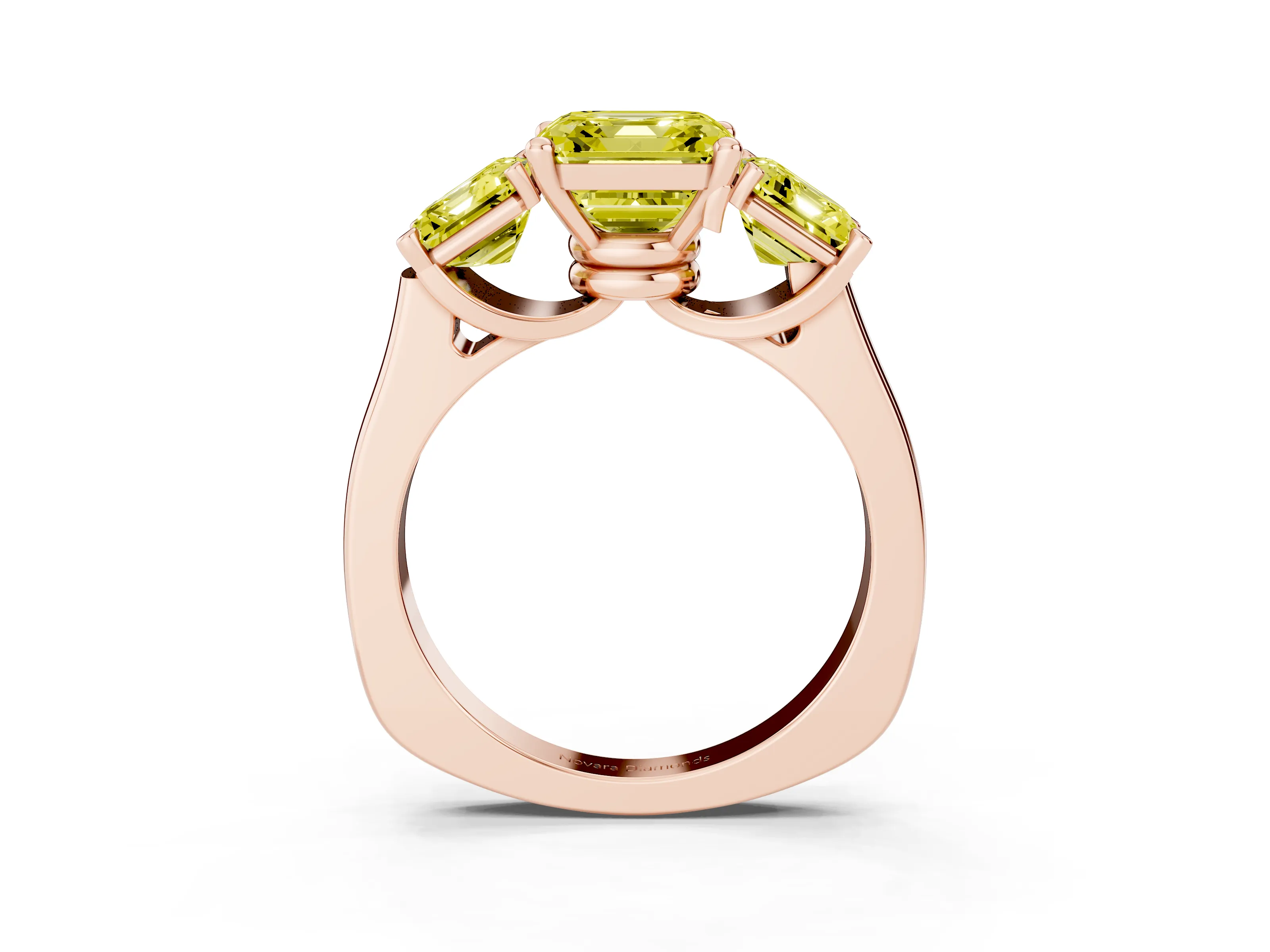 Fancy Yellow Asscher Cut Diamond Three-Stone Trellis Ring Set in Rose gold with Comfort Fit Band