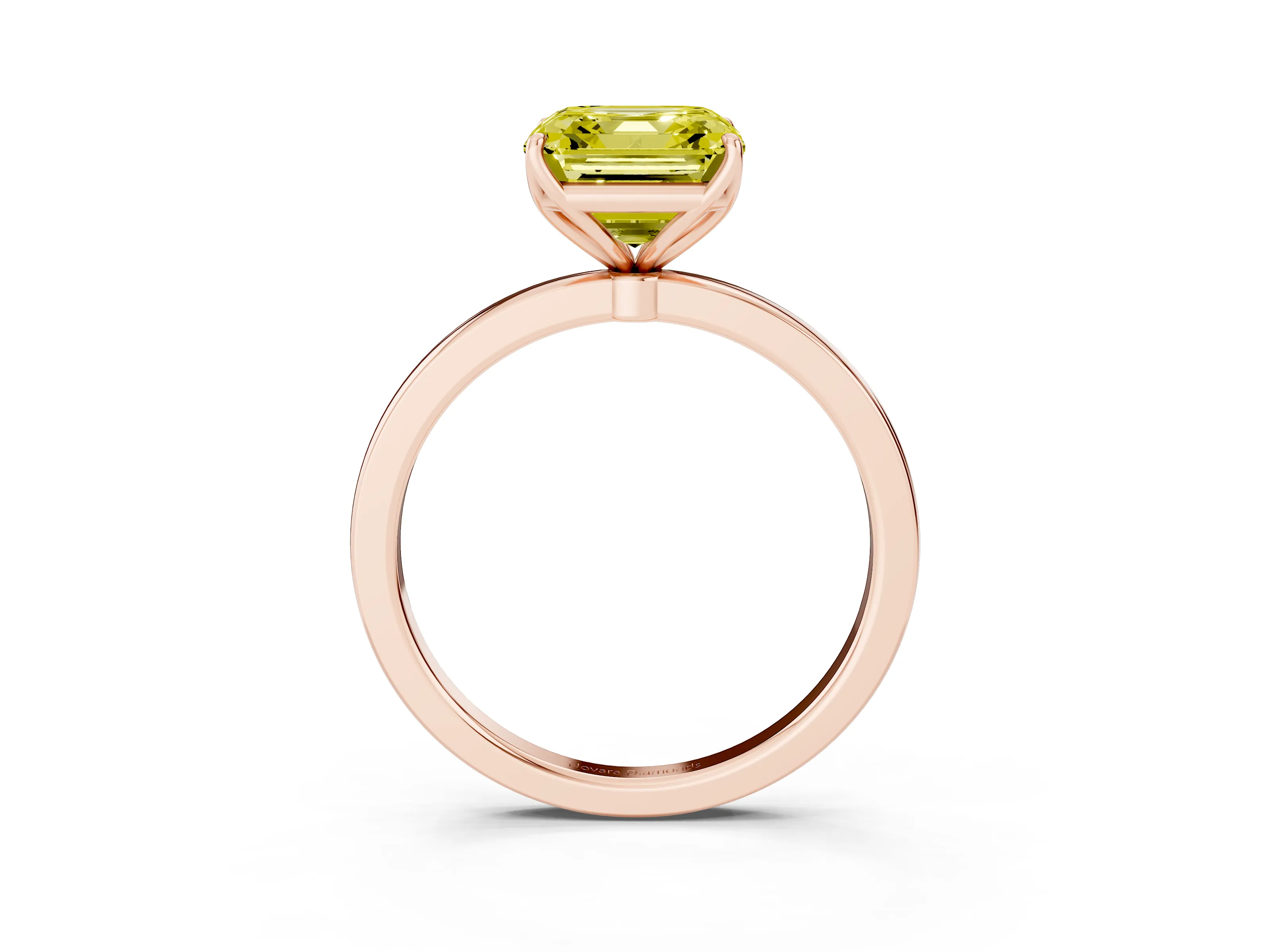 Fancy Yellow Asscher Cut Diamond Solitaire Ring Set in Rose gold with Prong Setting and Thin Polished Band