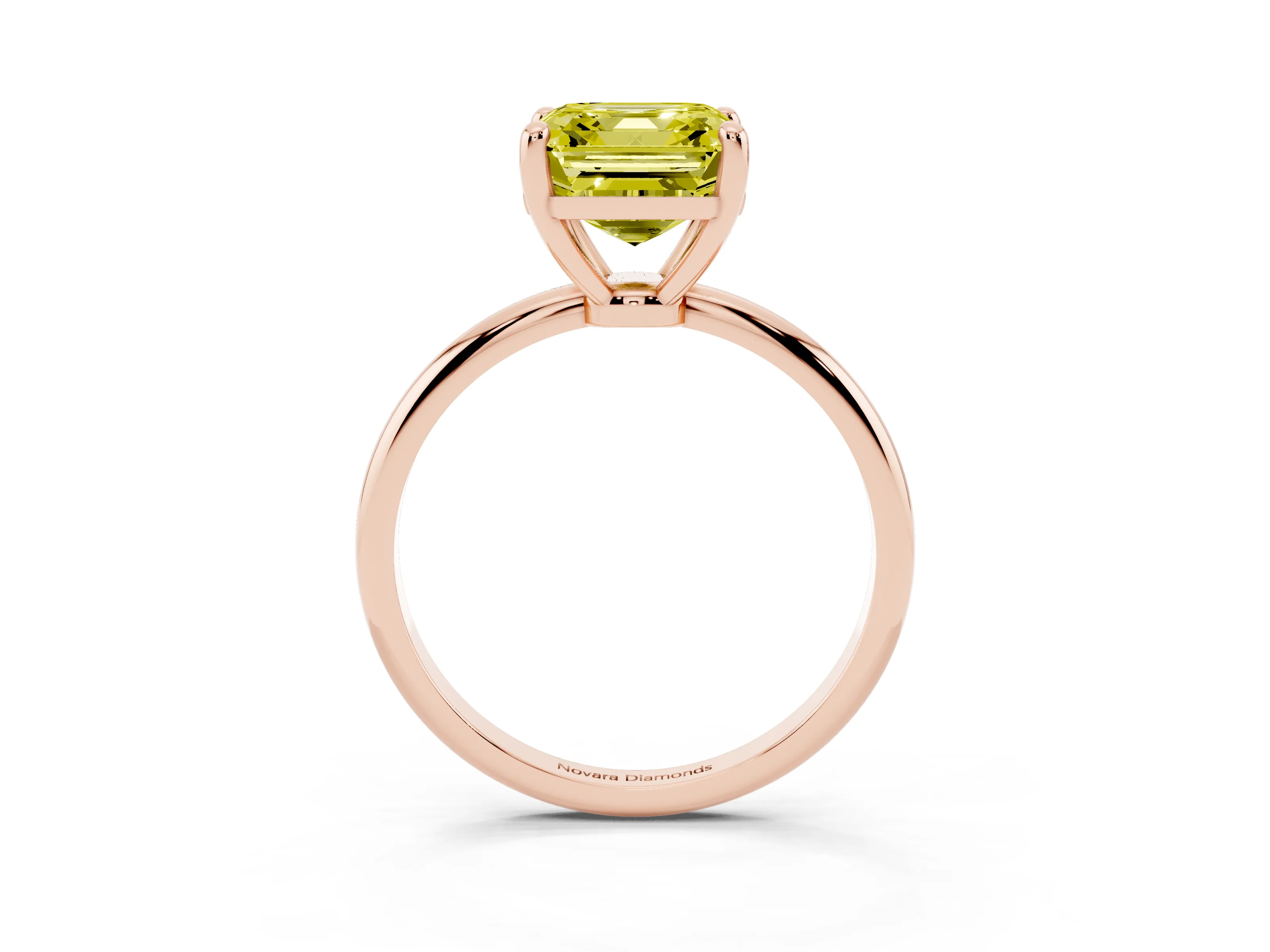 Fancy Yellow Asscher Cut Diamond Solitaire Ring Set in Rose gold with Secure Prong Setting on a Classic Band