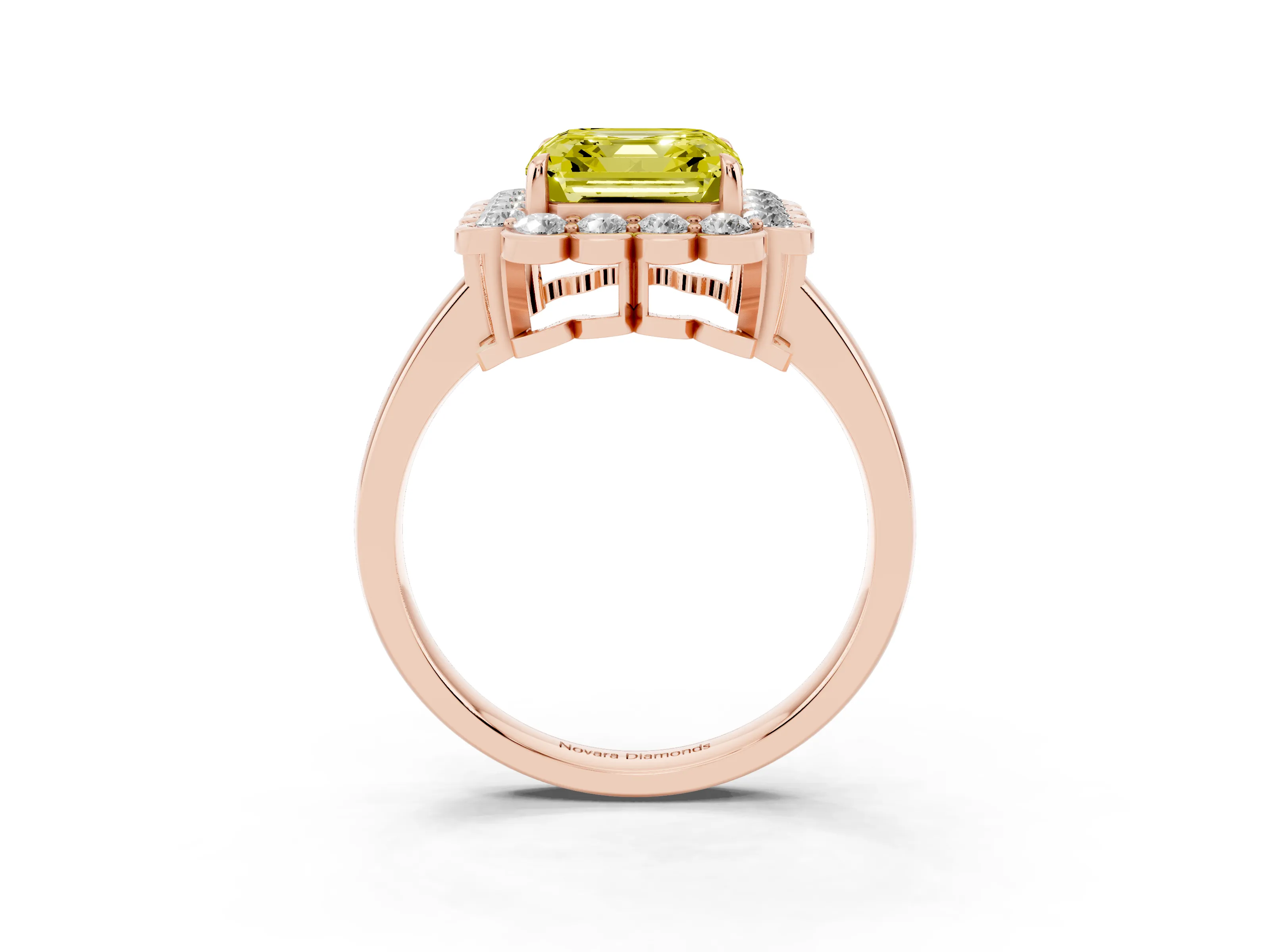 Fancy Yellow Asscher Cut Diamond Halo Cluster Engagement Ring Set in Rose gold with Solitaire Band and Prong Setting