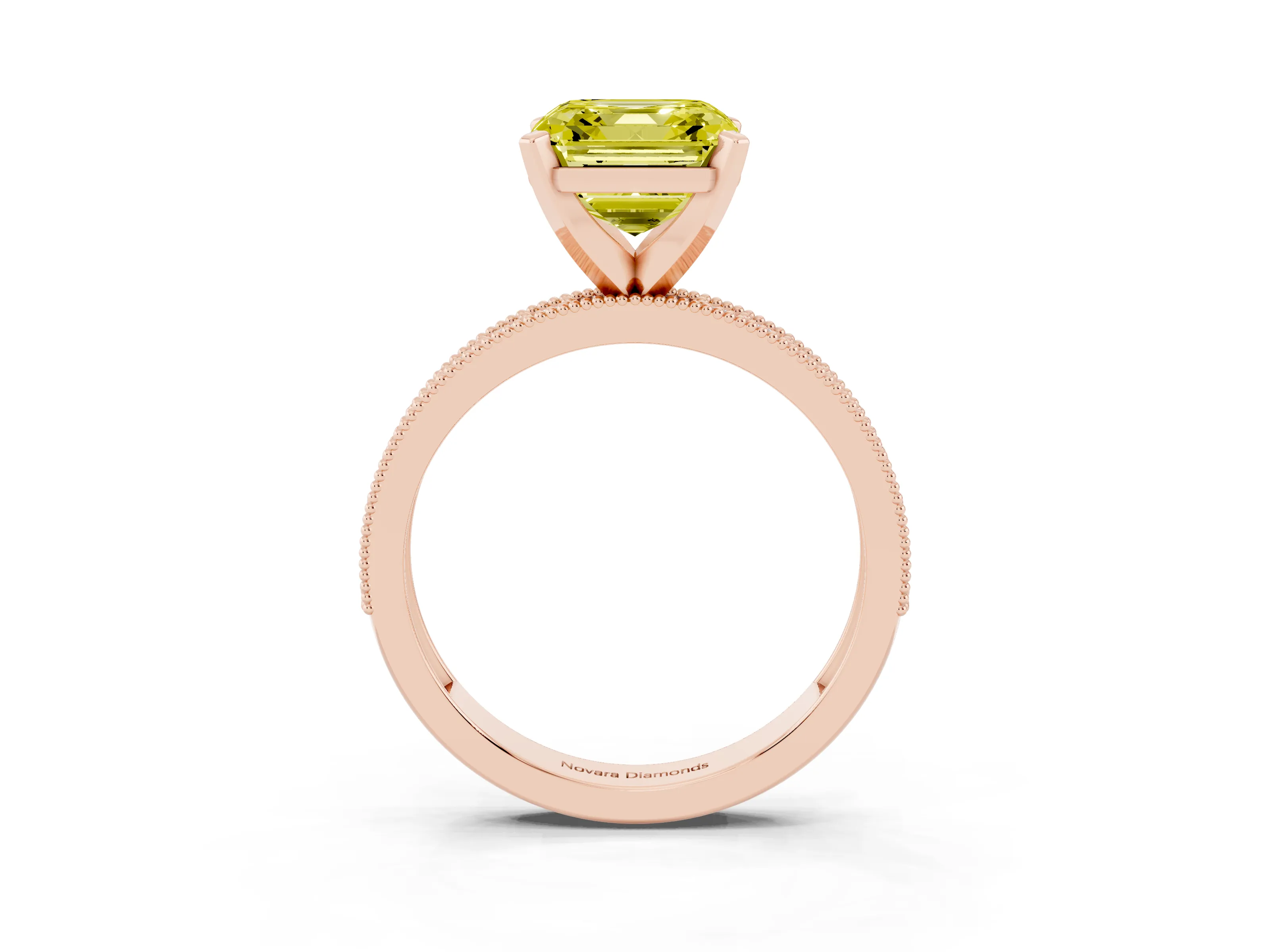 Fancy Yellow Asscher Cut Diamond Milgrain Pavé Engagement Ring Set in Rose gold with Prong Setting