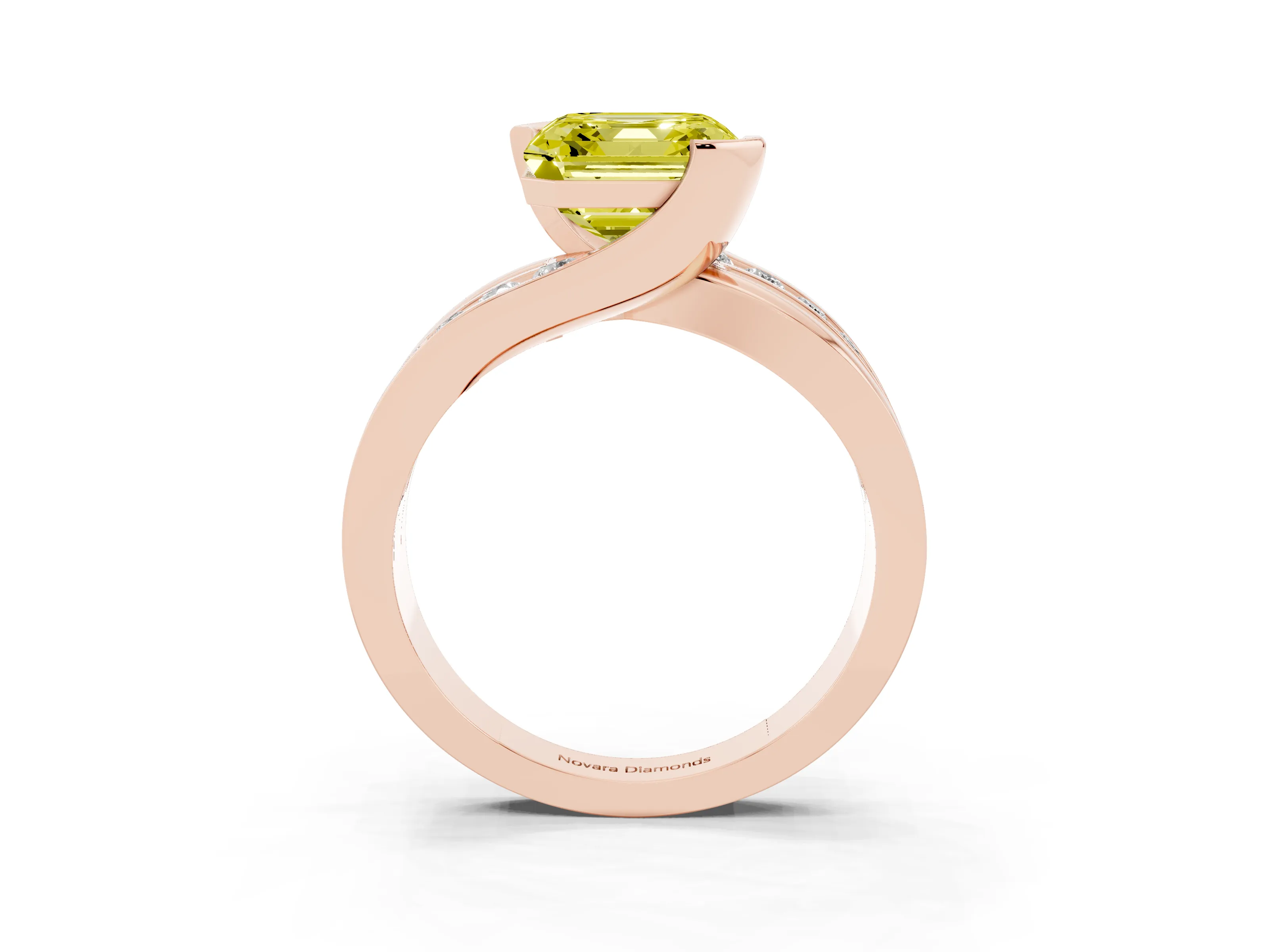 Fancy Yellow Asscher Cut Diamond Solitaire Ring Set in Rose gold with Channel Set Split Shank and Tension Prongs