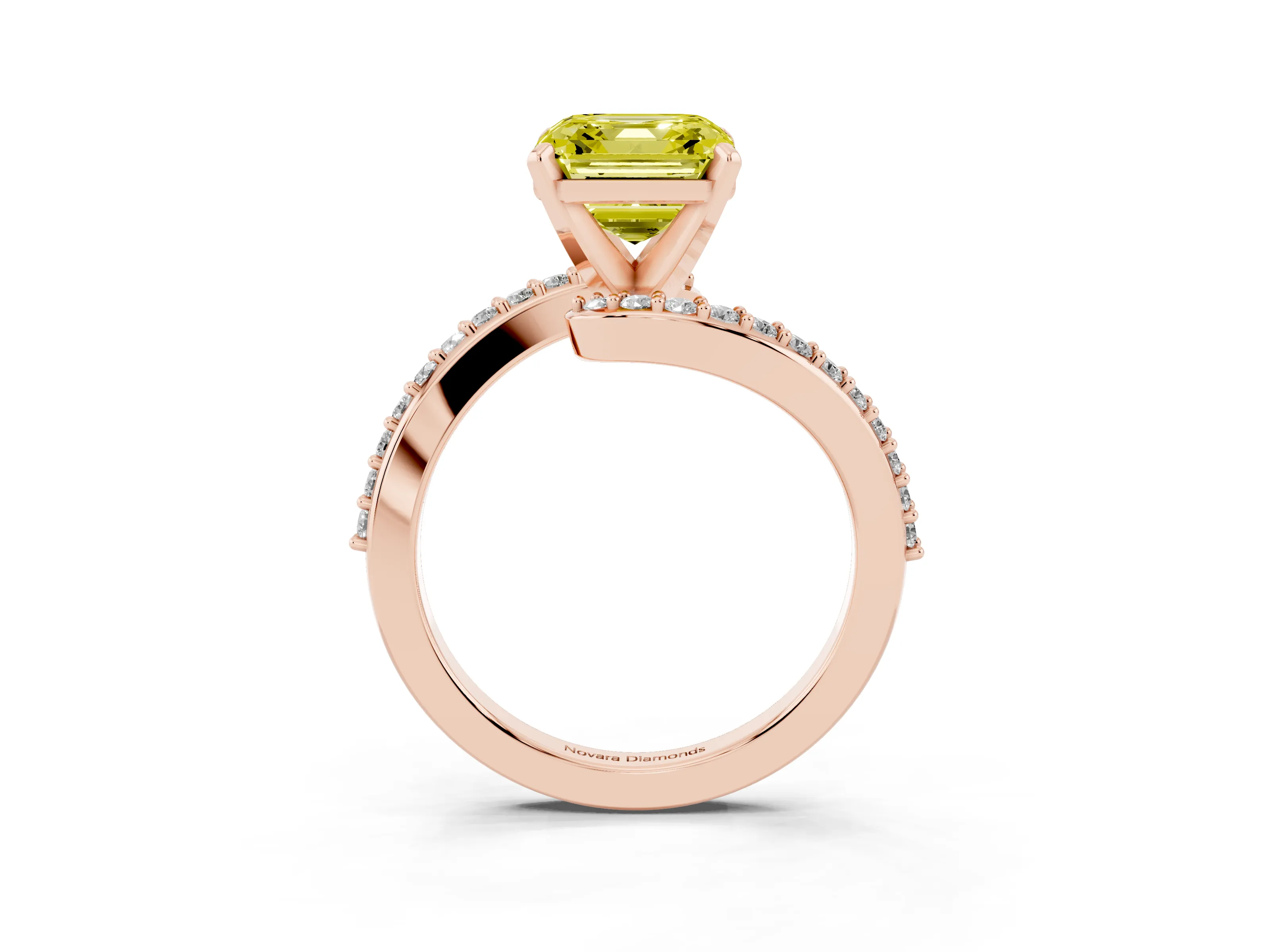 Fancy Yellow Asscher Cut Diamond Solitaire Ring Set in Rose gold with Pavé Twist Band and Prong Setting