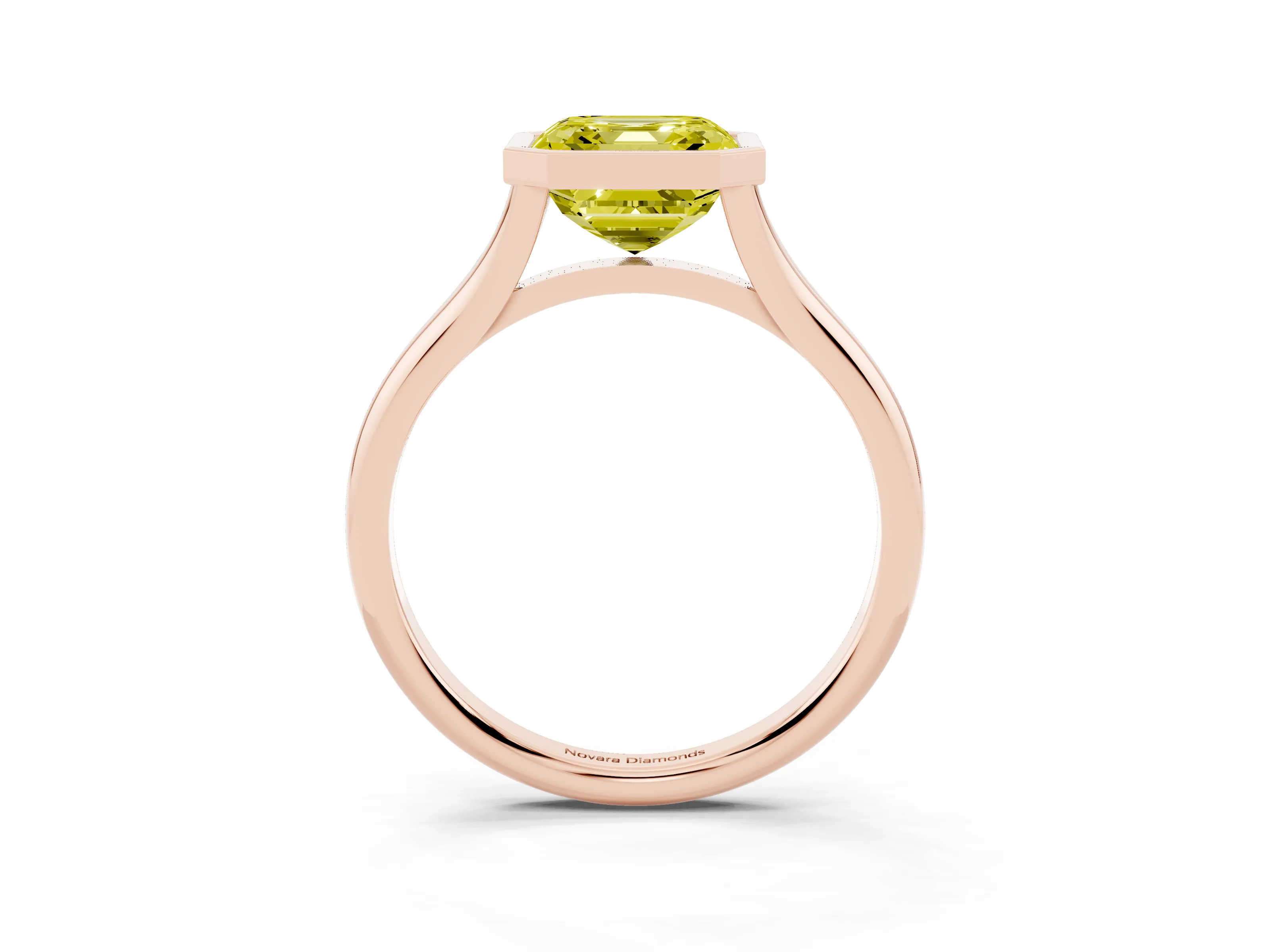 Fancy Yellow Bezel Set Asscher Cut Diamond Solitaire Ring Set in Rose gold with Tapered Band