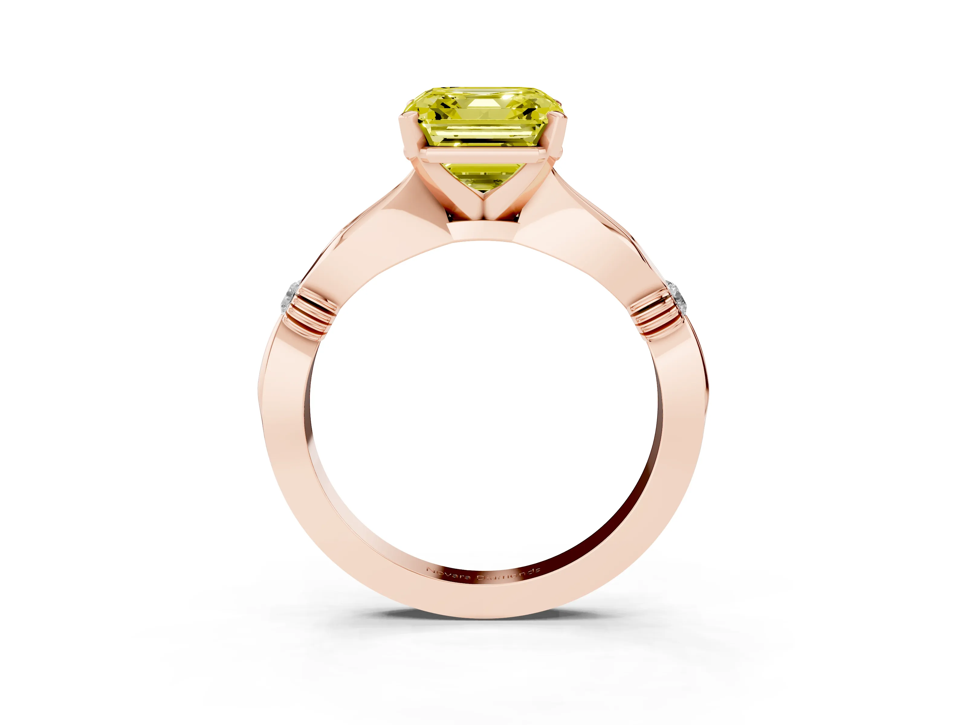 Fancy Yellow Asscher Cut Diamond Solitaire Twisted Band Ring Set in Rose gold with Accent Stones and Prong Setting