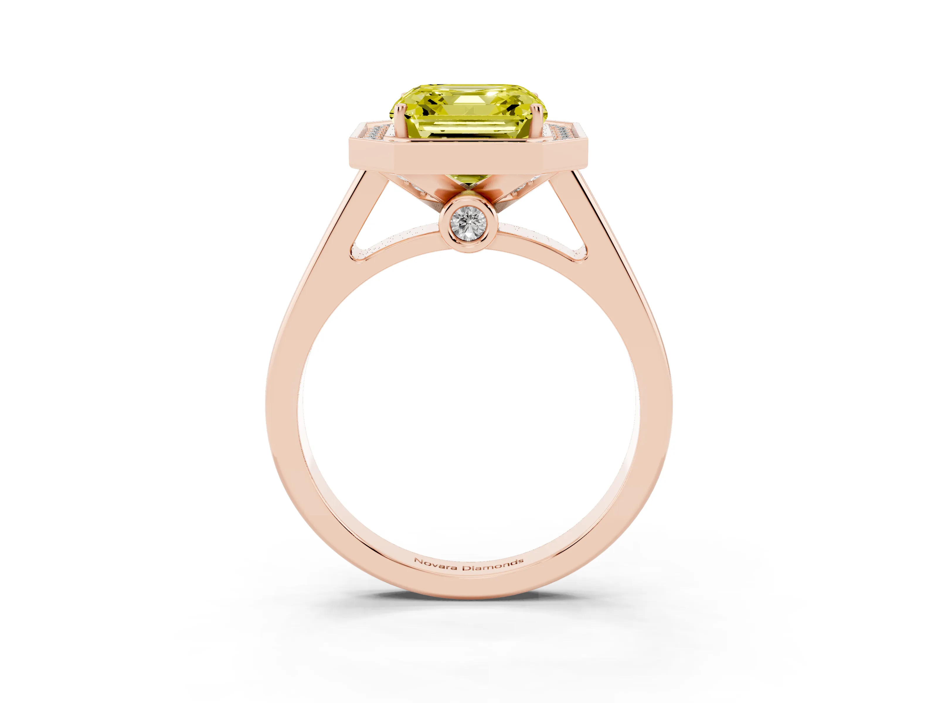 Fancy Yellow Asscher Cut Diamond Halo Solitaire Ring Set in Rose gold with Pavé Band and Bezel Setting
