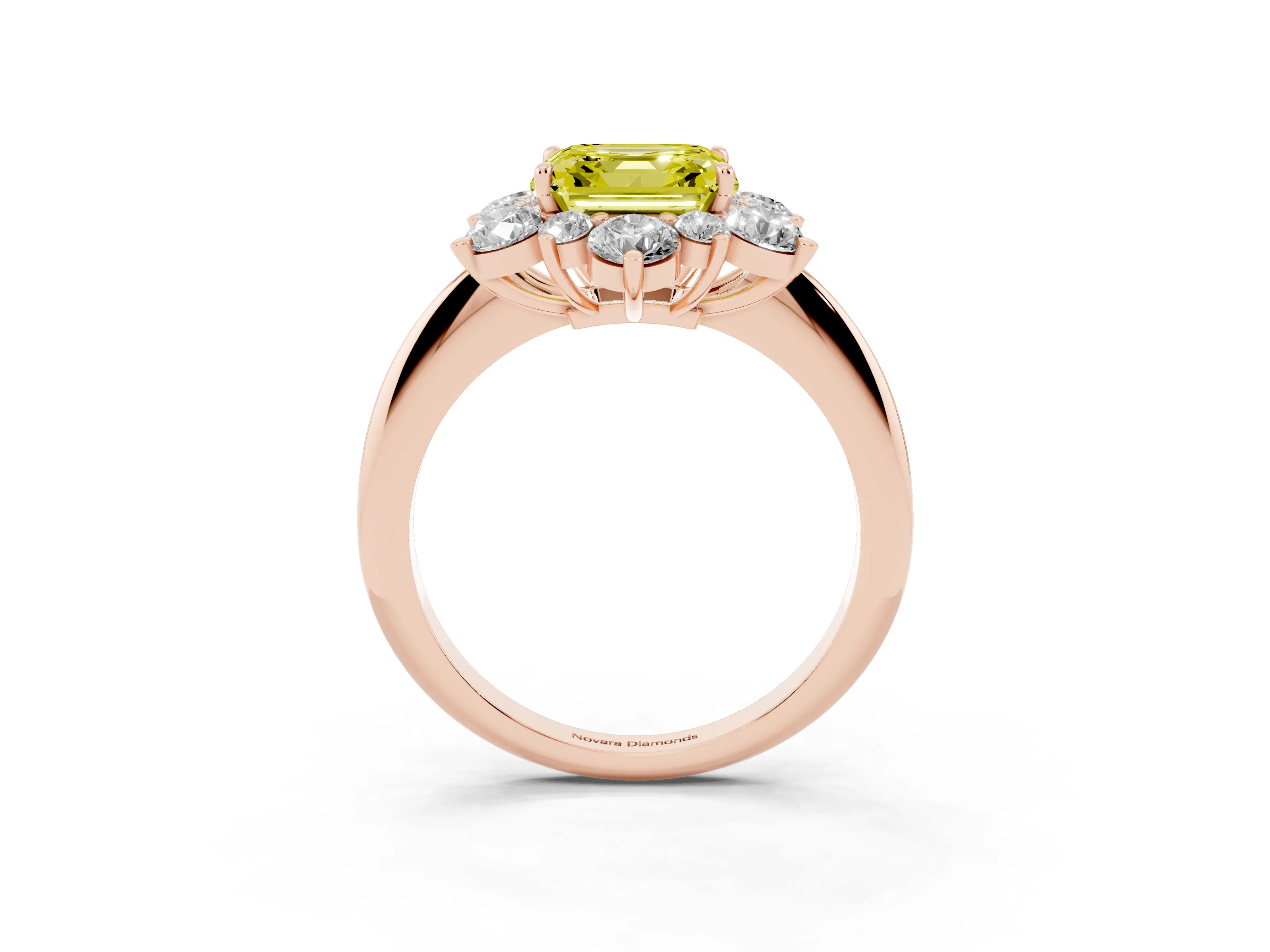 Fancy Yellow Asscher Cut Diamond Cluster Halo Ring Set in Rose gold with Solitaire Band and Prong Setting