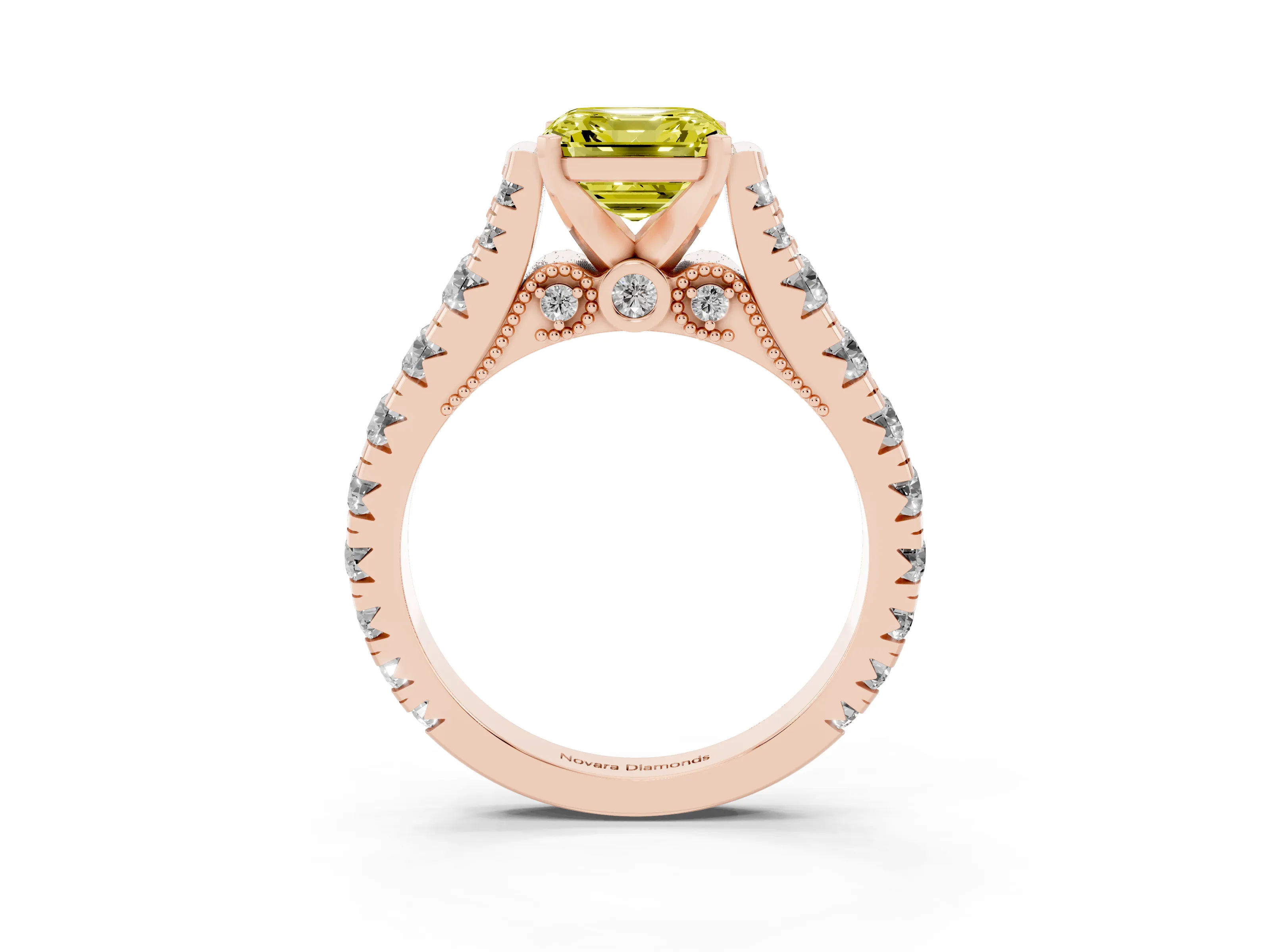 Fancy Yellow Asscher Cut Diamond Classic Solitaire Ring Set in Rose gold with Pavé Band and Prong Setting