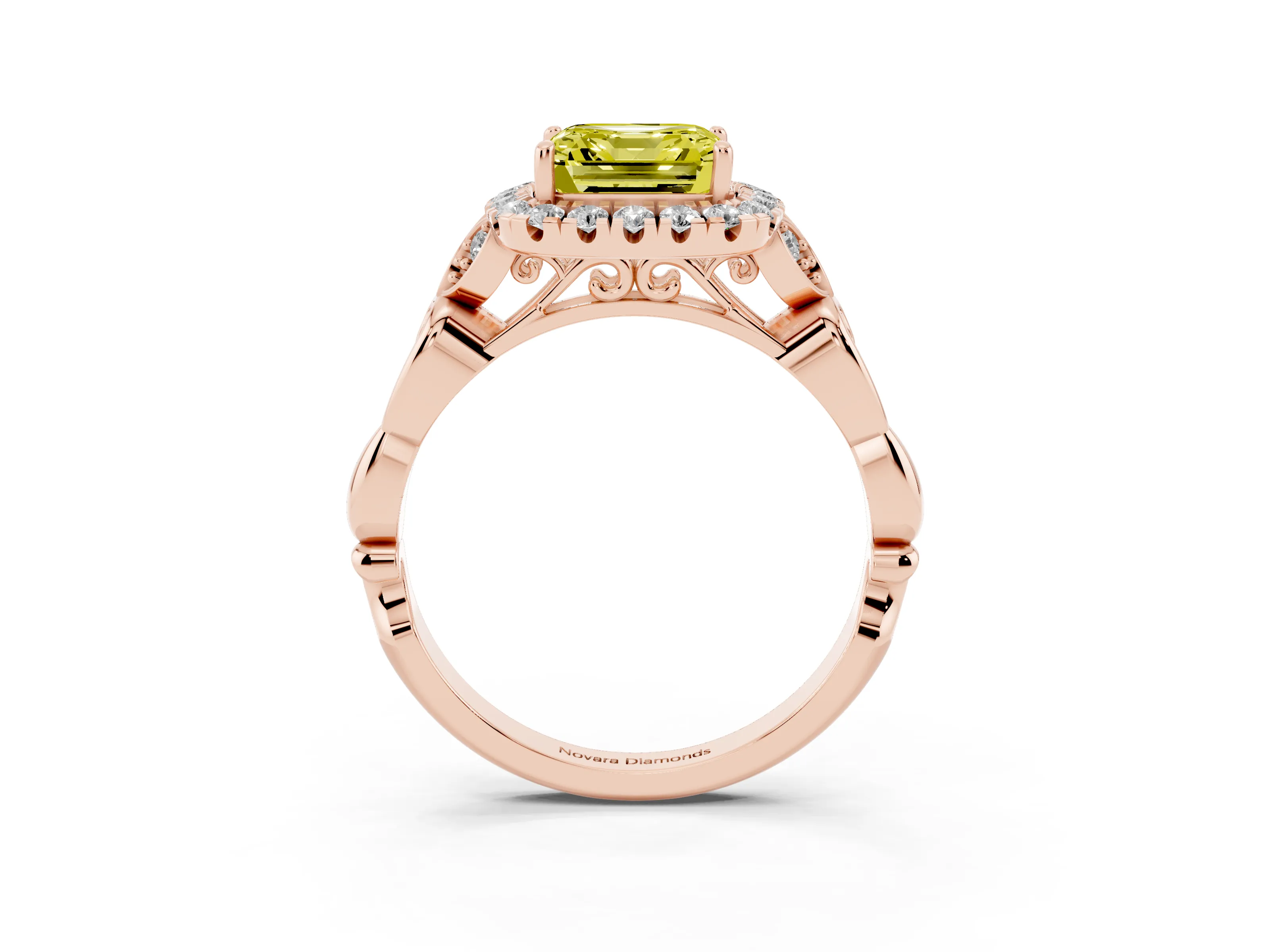 Fancy Yellow Asscher Cut Diamond Halo Engagement Ring Set in Rose gold with Vintage-Inspired Band and Prong Setting