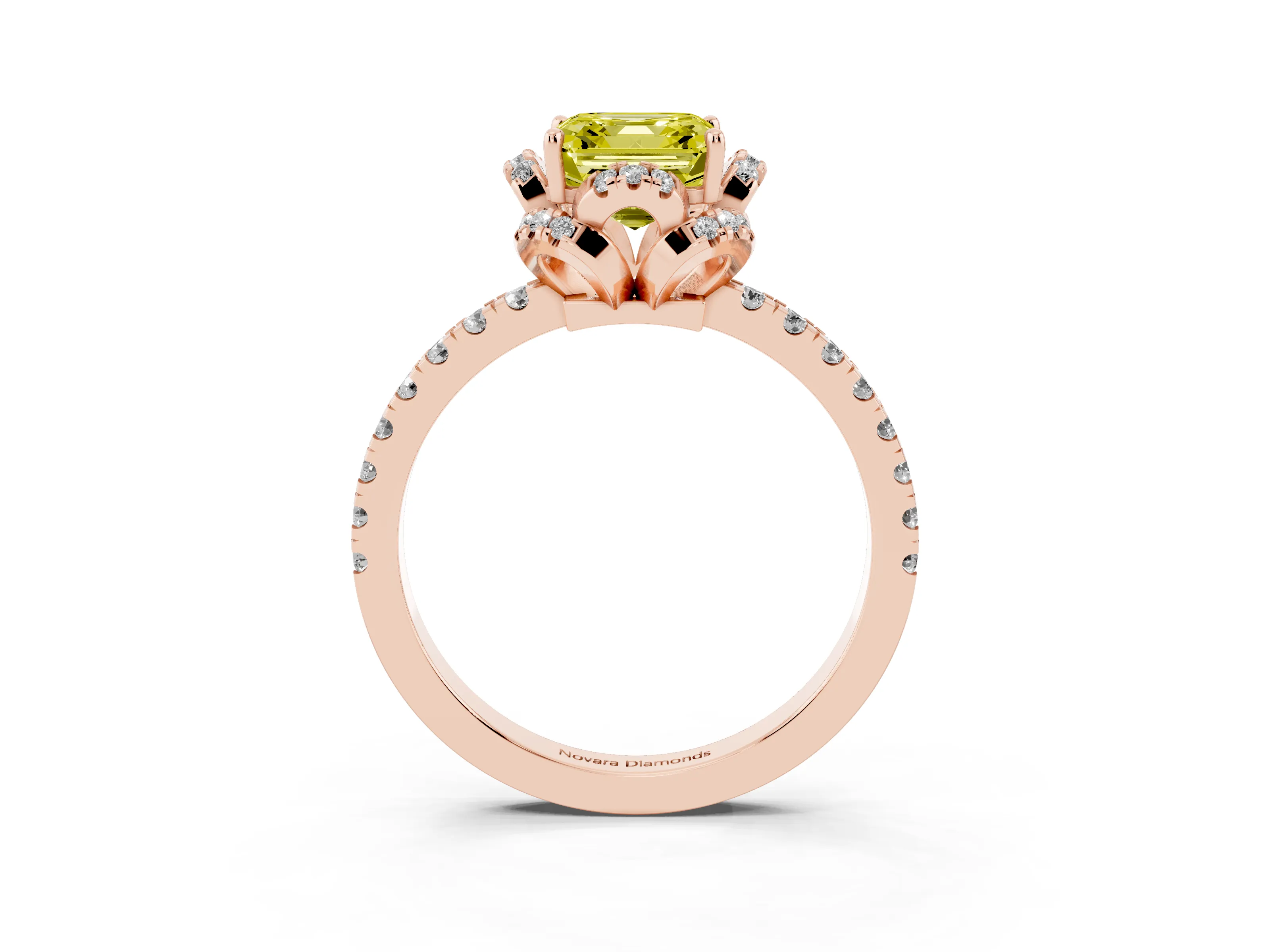 Fancy Yellow Asscher Cut Diamond Halo Pavé Ring Set in Rose gold with Prong-Held Center Stone