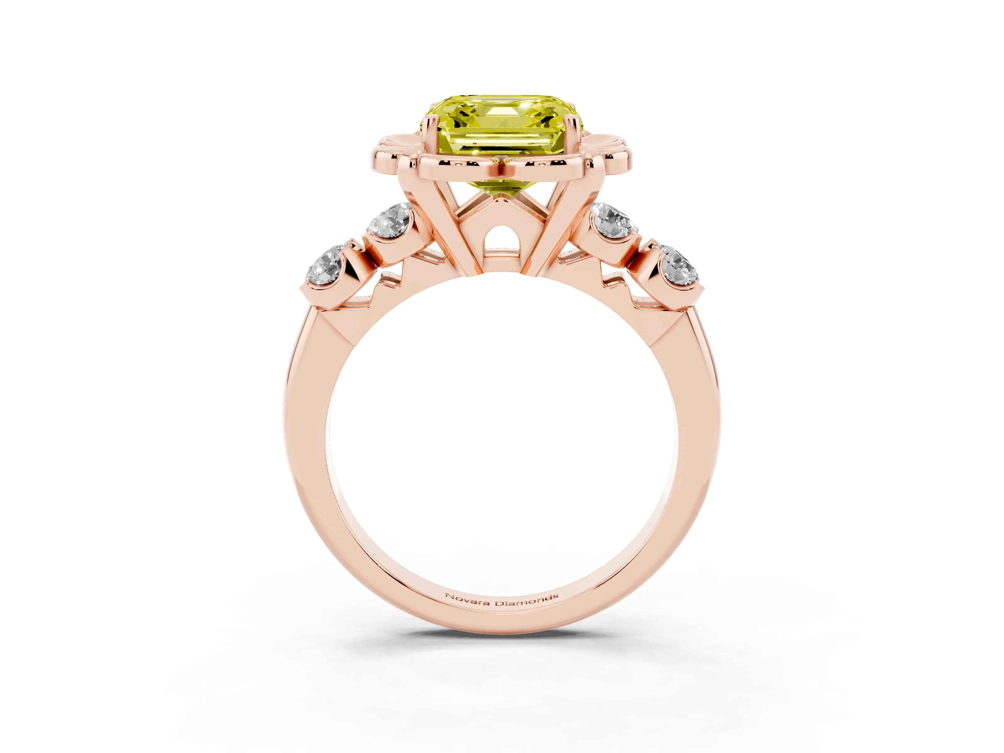 Fancy Yellow Asscher Cut Diamond Floral Halo Ring Set in Rose gold with Shared Prong Band