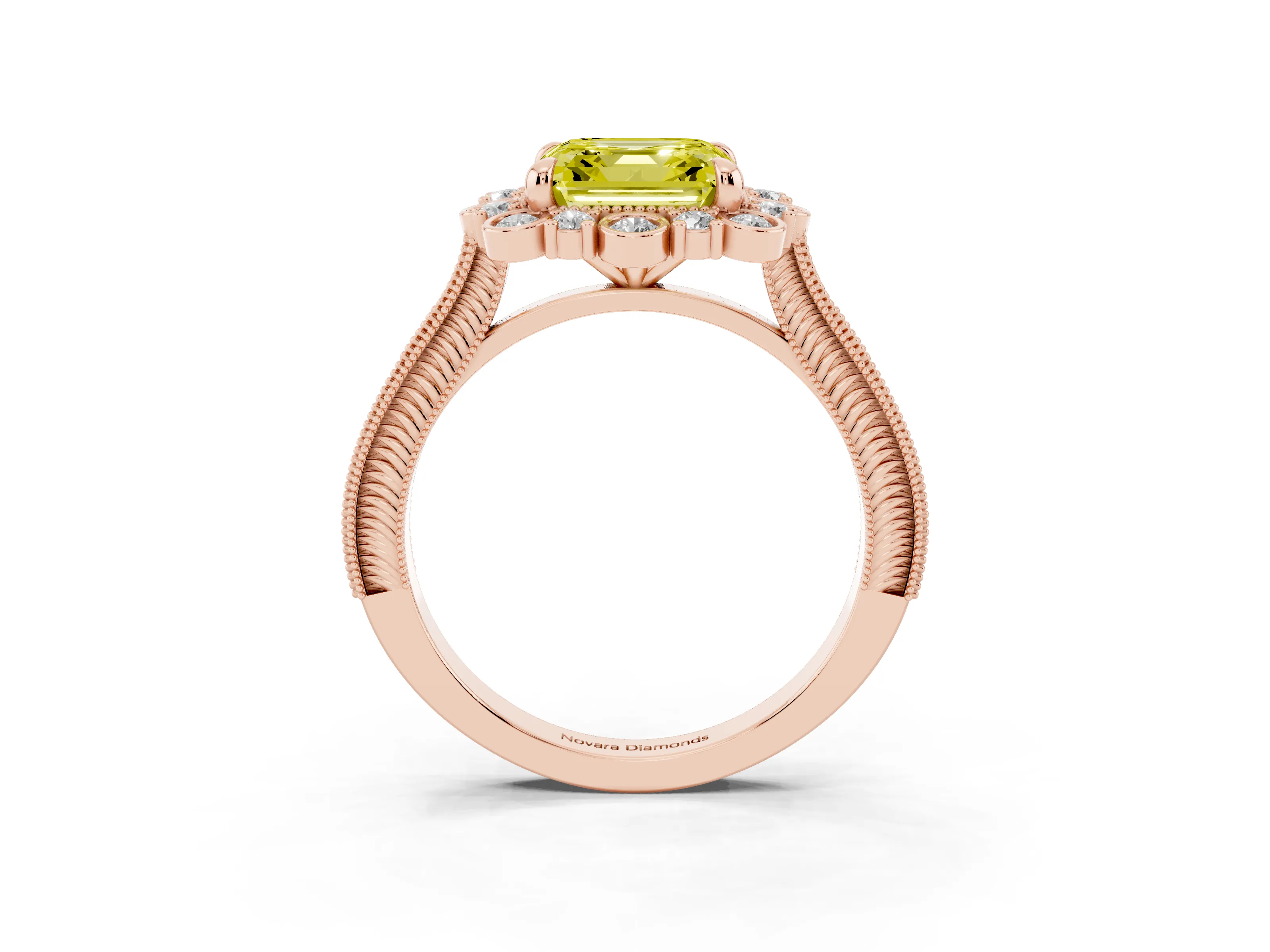 Fancy Yellow Asscher Cut Diamond Halo Milgrain Pavé Ring Set in Rose gold with Prong Setting