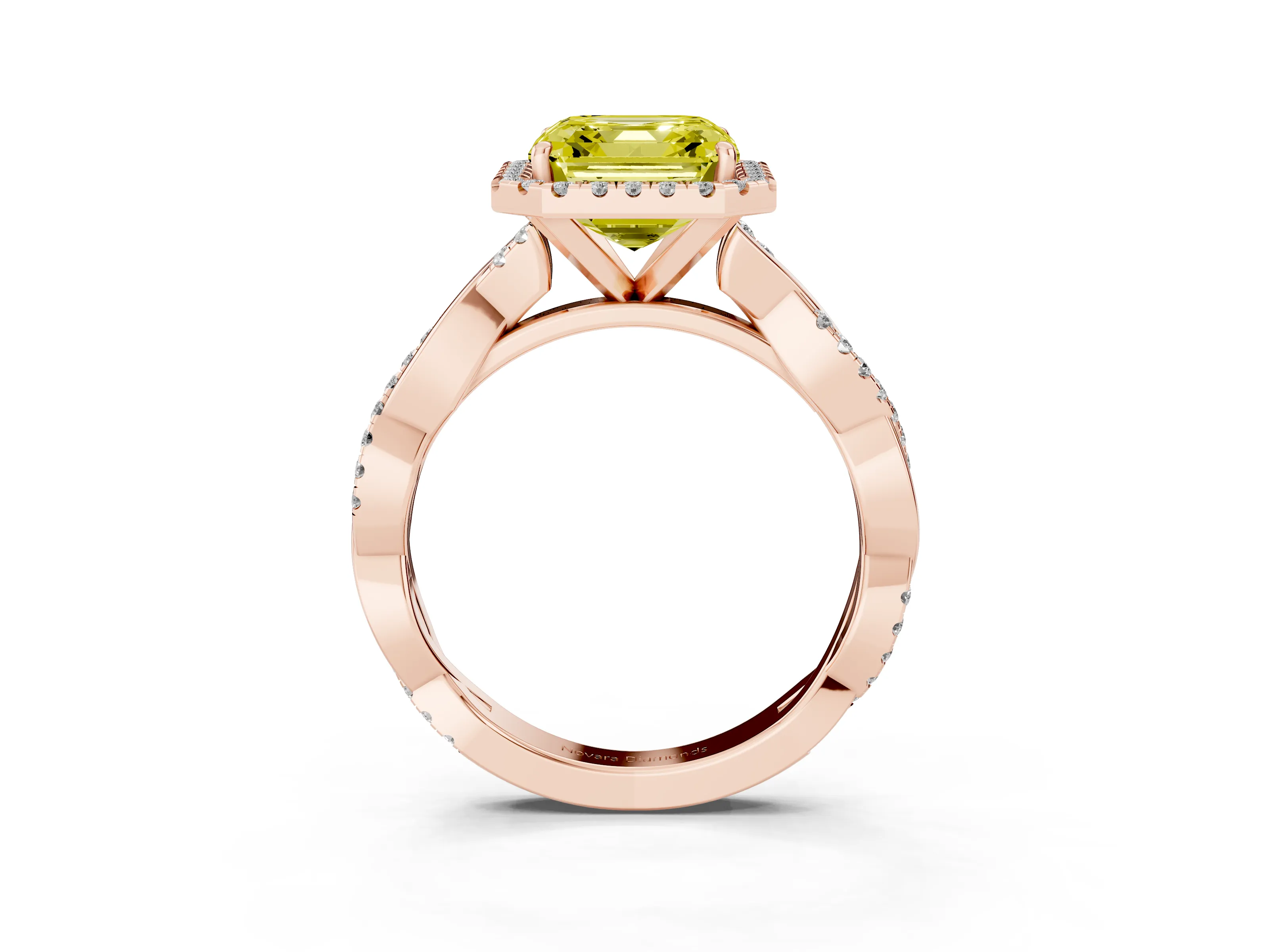 Fancy Yellow Asscher Cut Diamond Halo Twisted Band Ring Set in Rose gold with Prong Setting