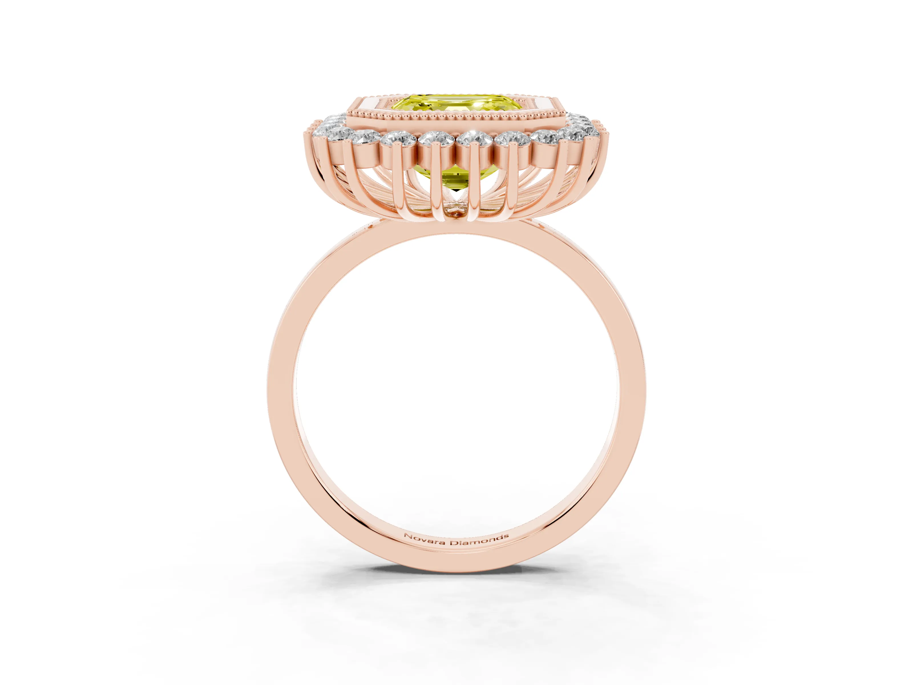 Fancy Yellow Asscher Cut Diamond Halo Ring Set in Rose gold with Milgrain Edge and Round Prong Setting