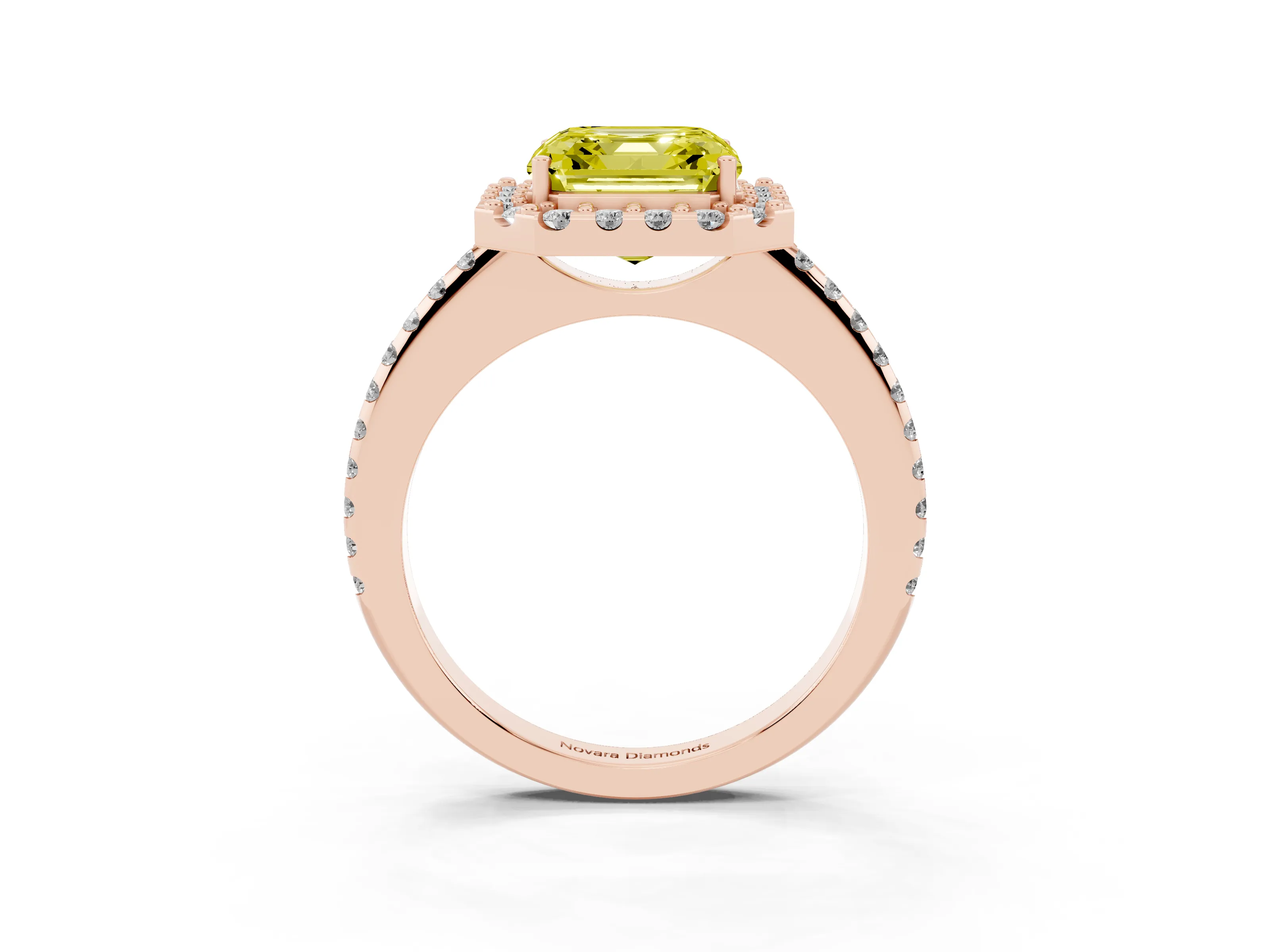Fancy Yellow Asscher Cut Diamond Pavé Halo Ring Set in Rose gold with Prong Setting