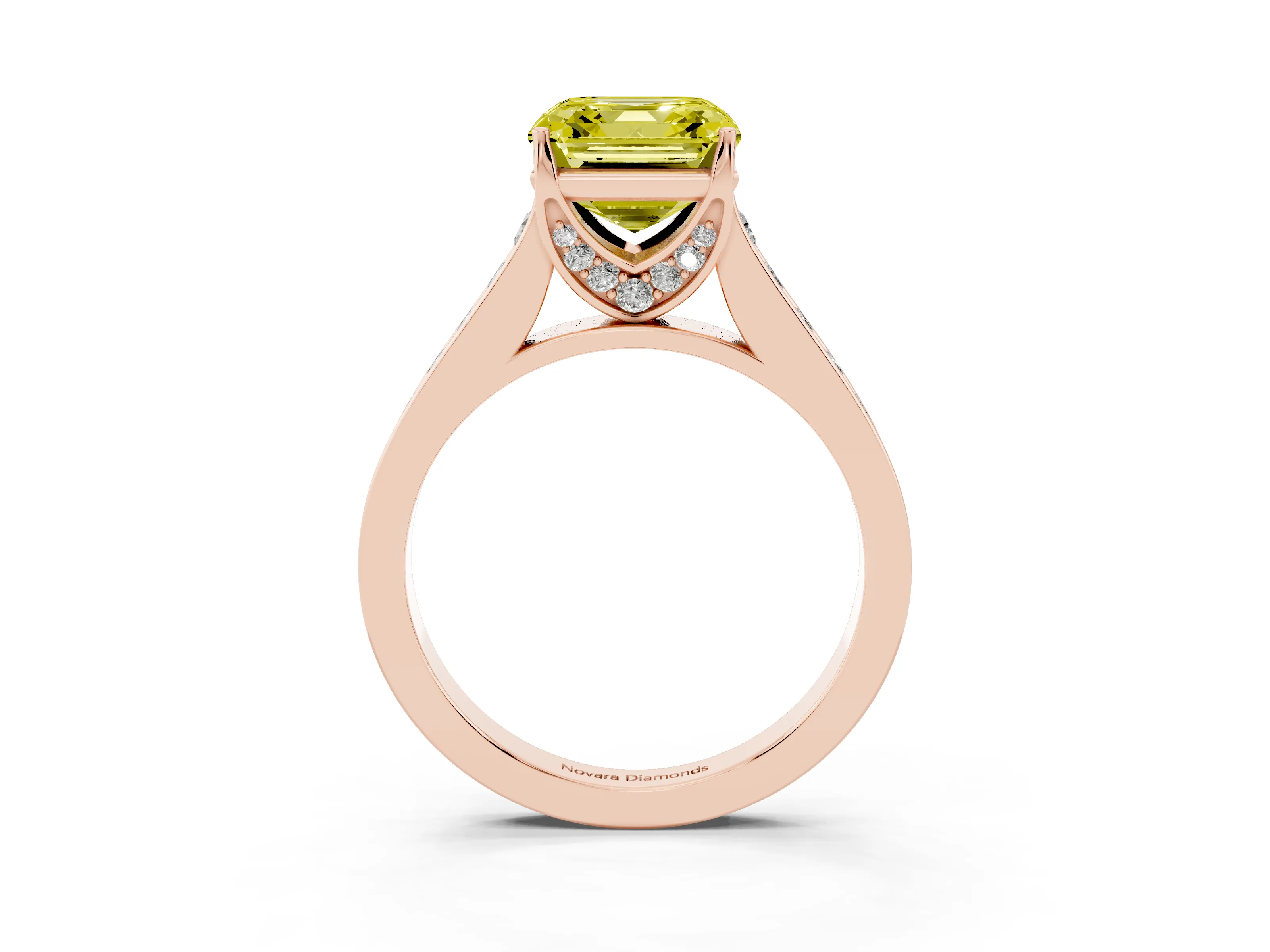 Fancy Yellow Asscher Cut Diamond Solitaire Pavé Engagement Ring Set in Rose gold with Prong Setting