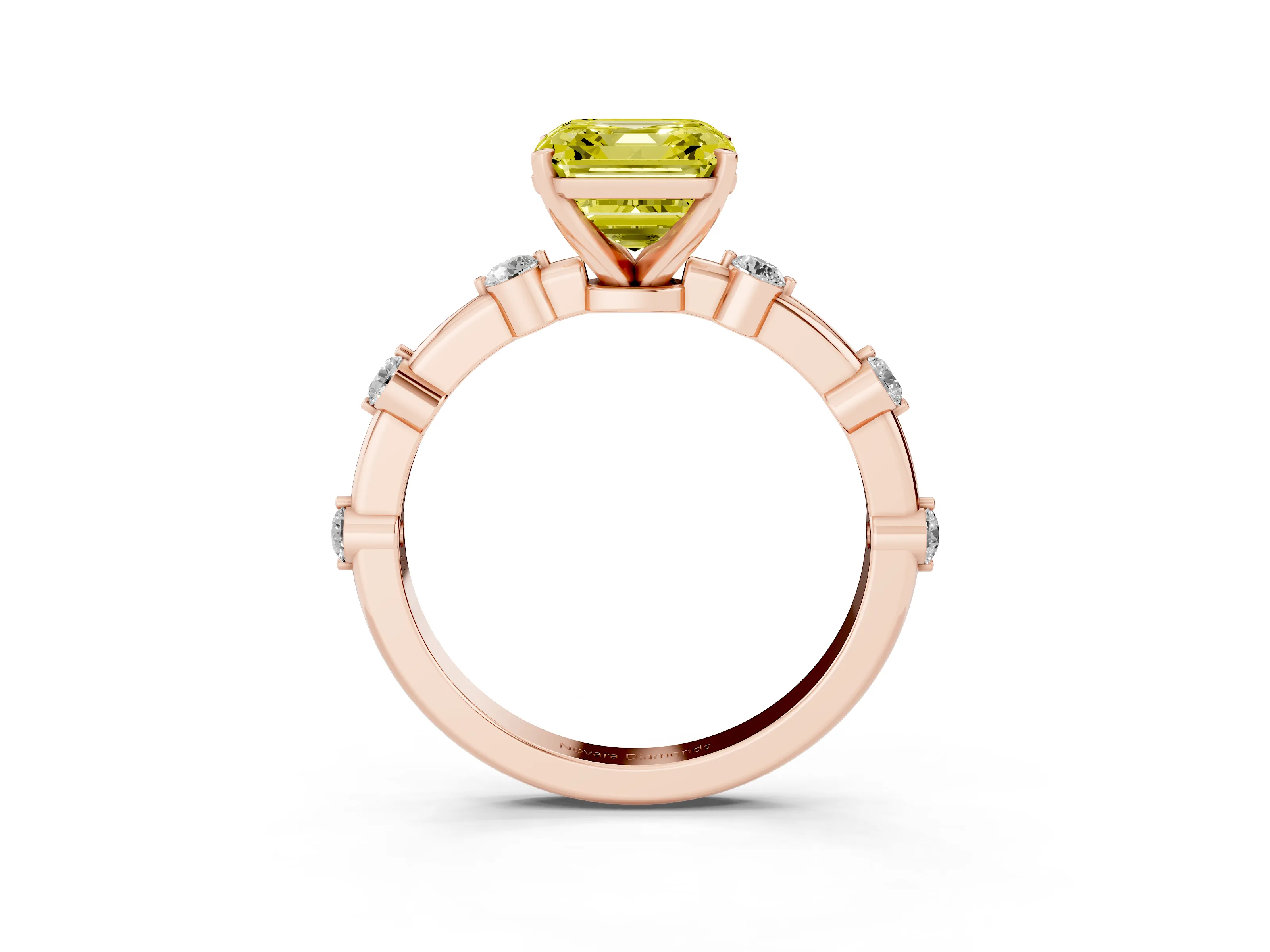 Fancy Yellow Asscher Cut Diamond Solitaire Ring Set in Rose gold with Bezel Set Side Stones and Prong Setting