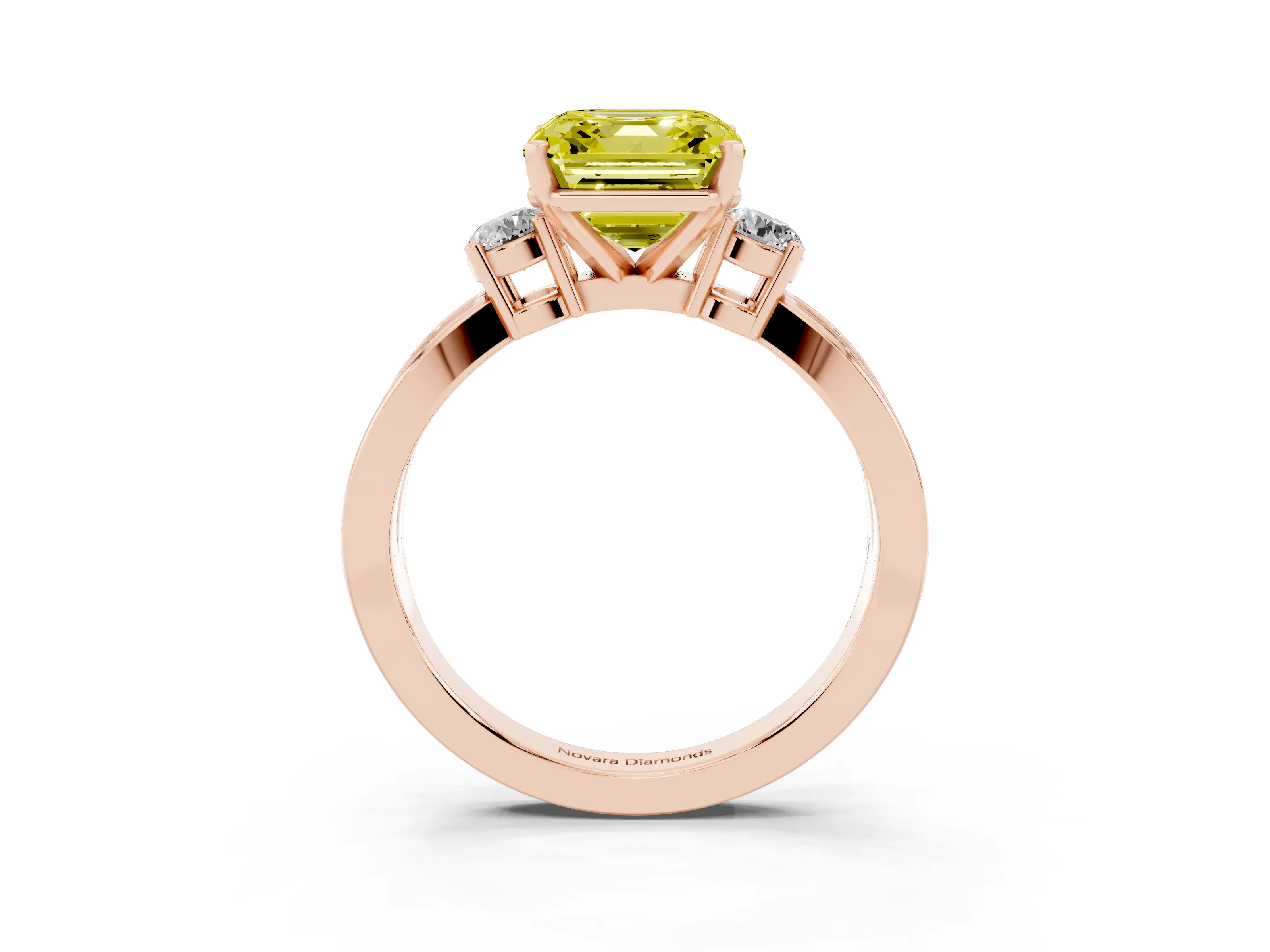 Fancy Yellow Three-Stone Asscher Cut Diamond Twist Band Ring Set in Rose gold with Pavé Accents and Prong Setting