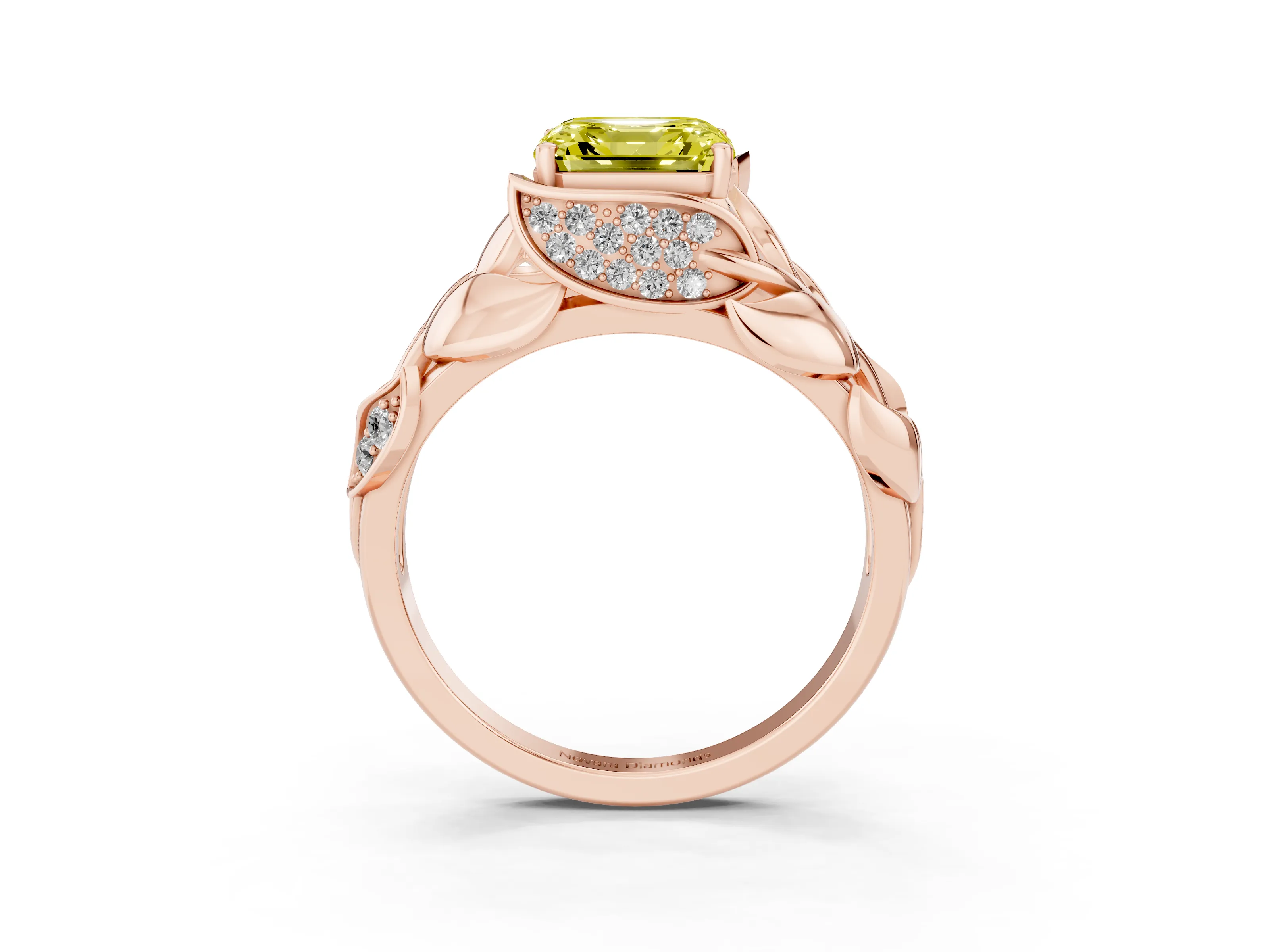 Fancy Yellow Asscher Cut Diamond Leaf-Inspired Engagement Ring Set in Rose gold with Round Accents
