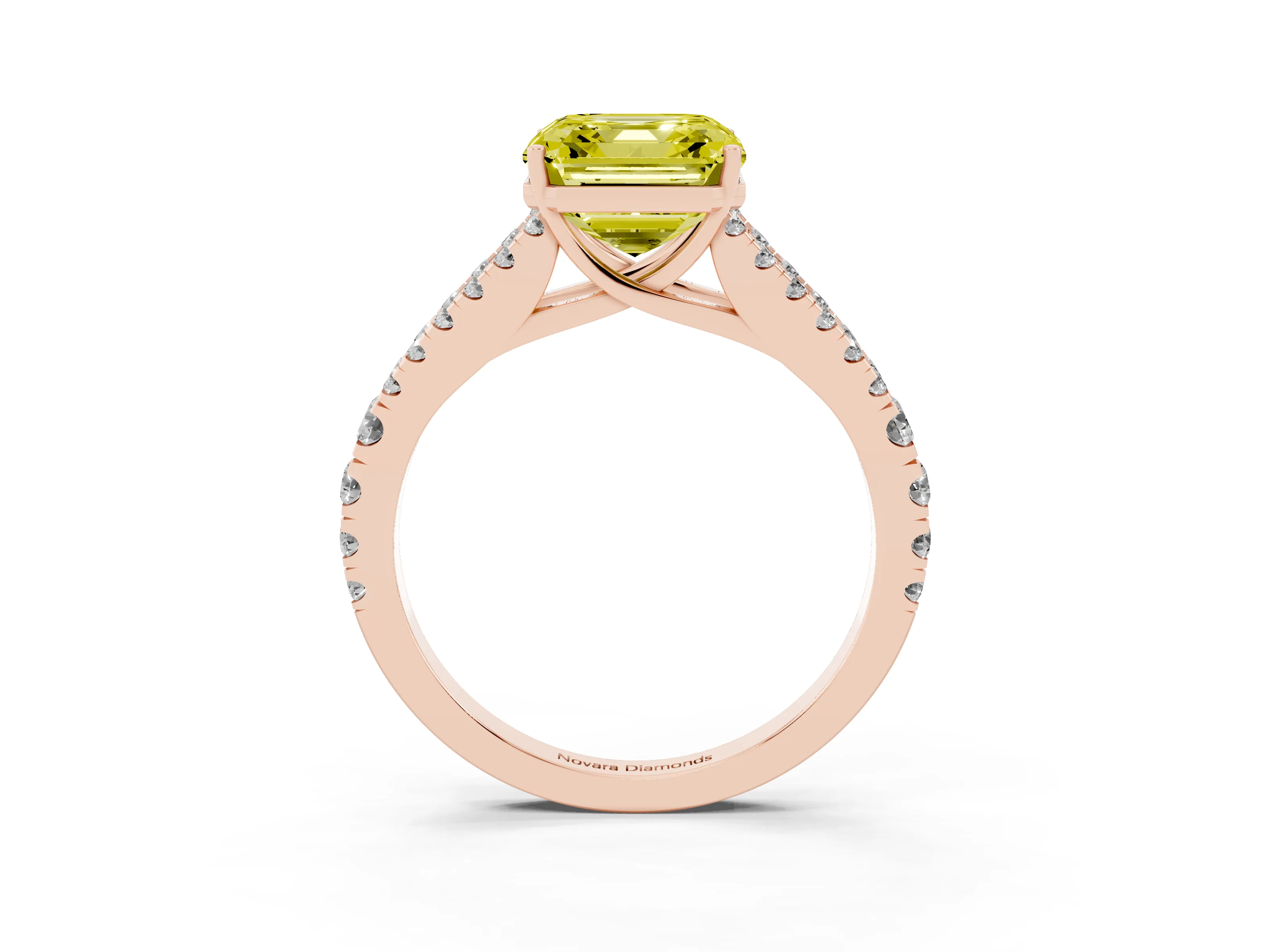 Fancy Yellow Asscher Cut Diamond Split Shank Pavé Engagement Ring Set in Rose gold with Prong-Held Center Stone