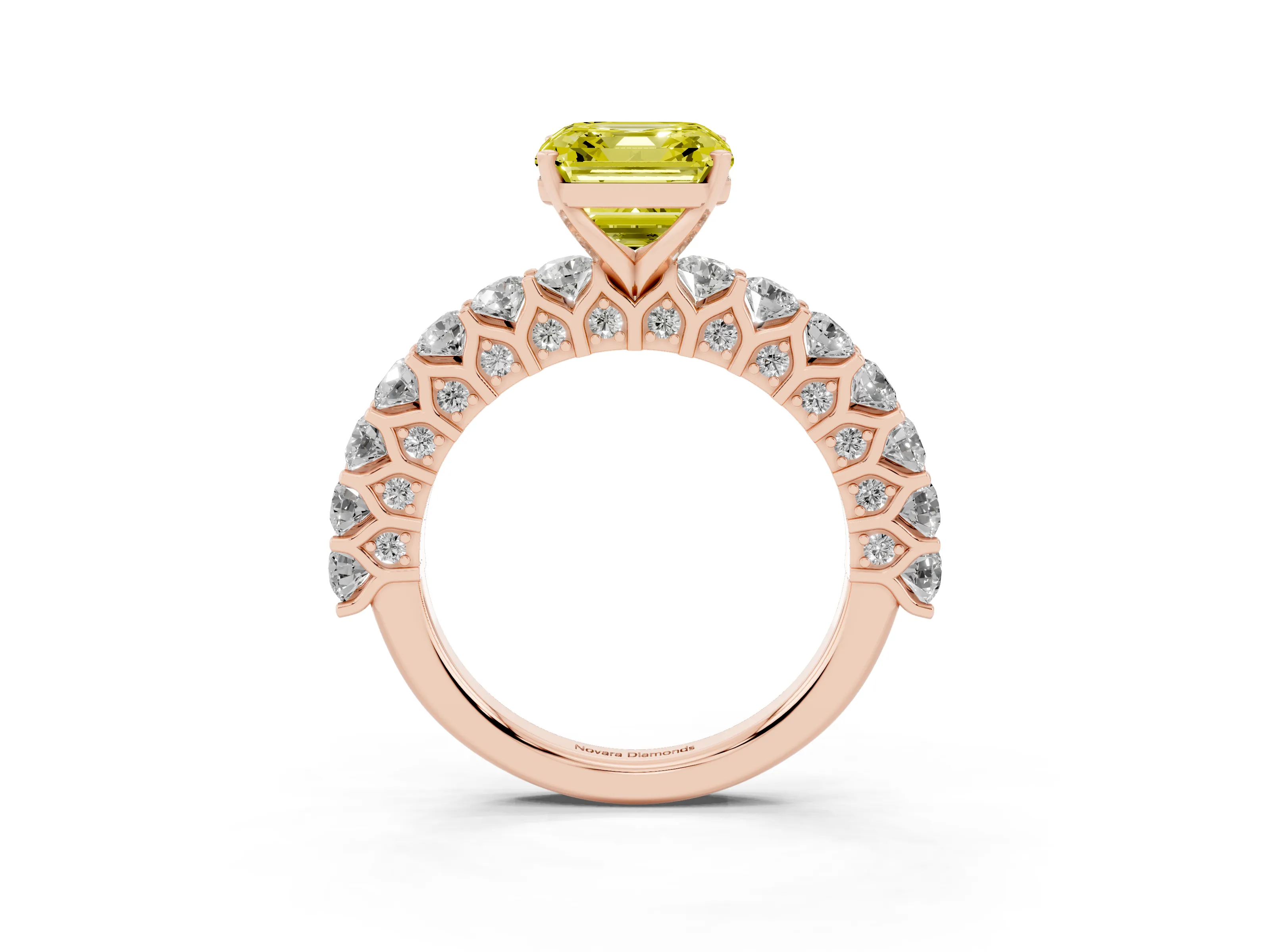 Fancy Yellow Asscher Cut Diamond Solitaire Ring Set in Rose gold with Shared Prong Pavé Band